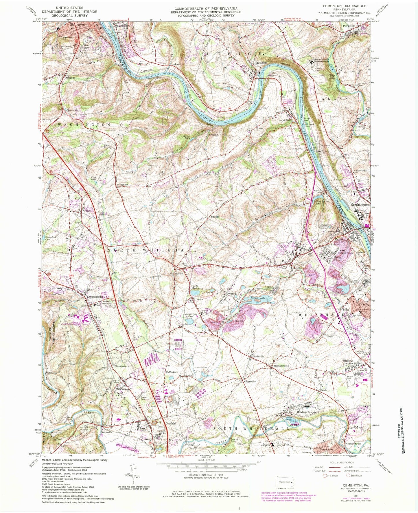 Classic USGS Cementon Pennsylvania 7.5'x7.5' Topo Map Image