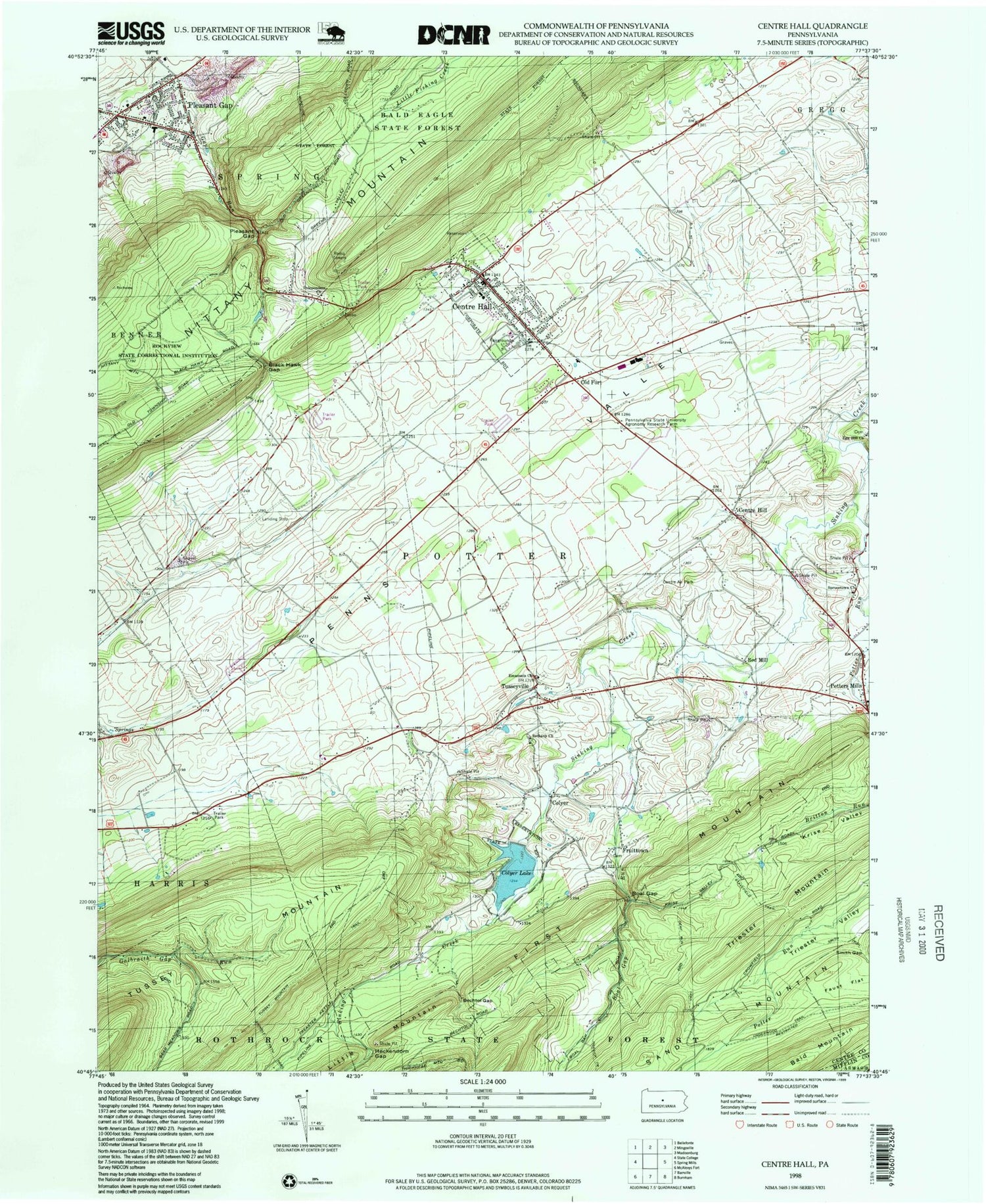 Classic USGS Centre Hall Pennsylvania 7.5'x7.5' Topo Map Image