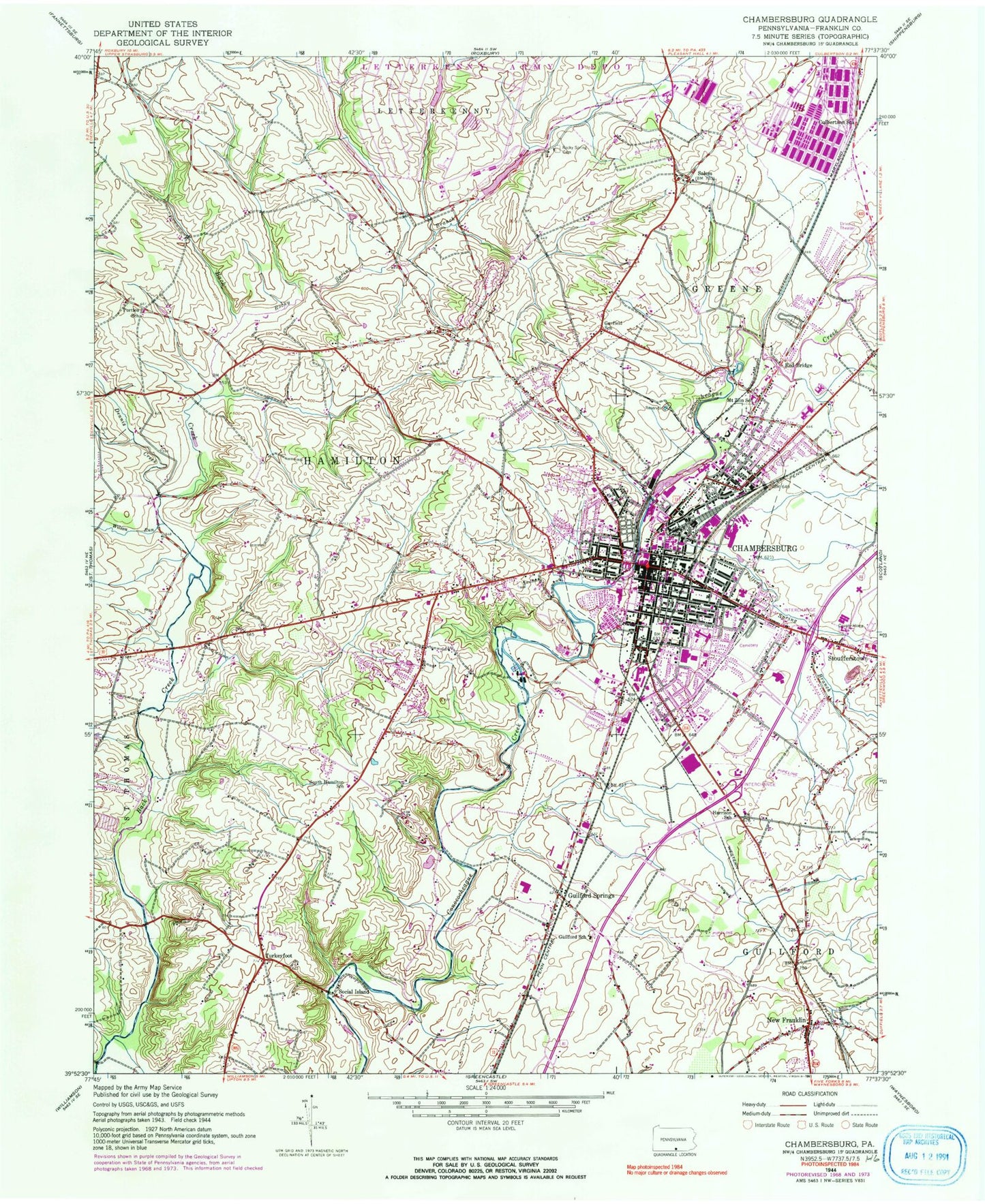 Classic USGS Chambersburg Pennsylvania 7.5'x7.5' Topo Map Image