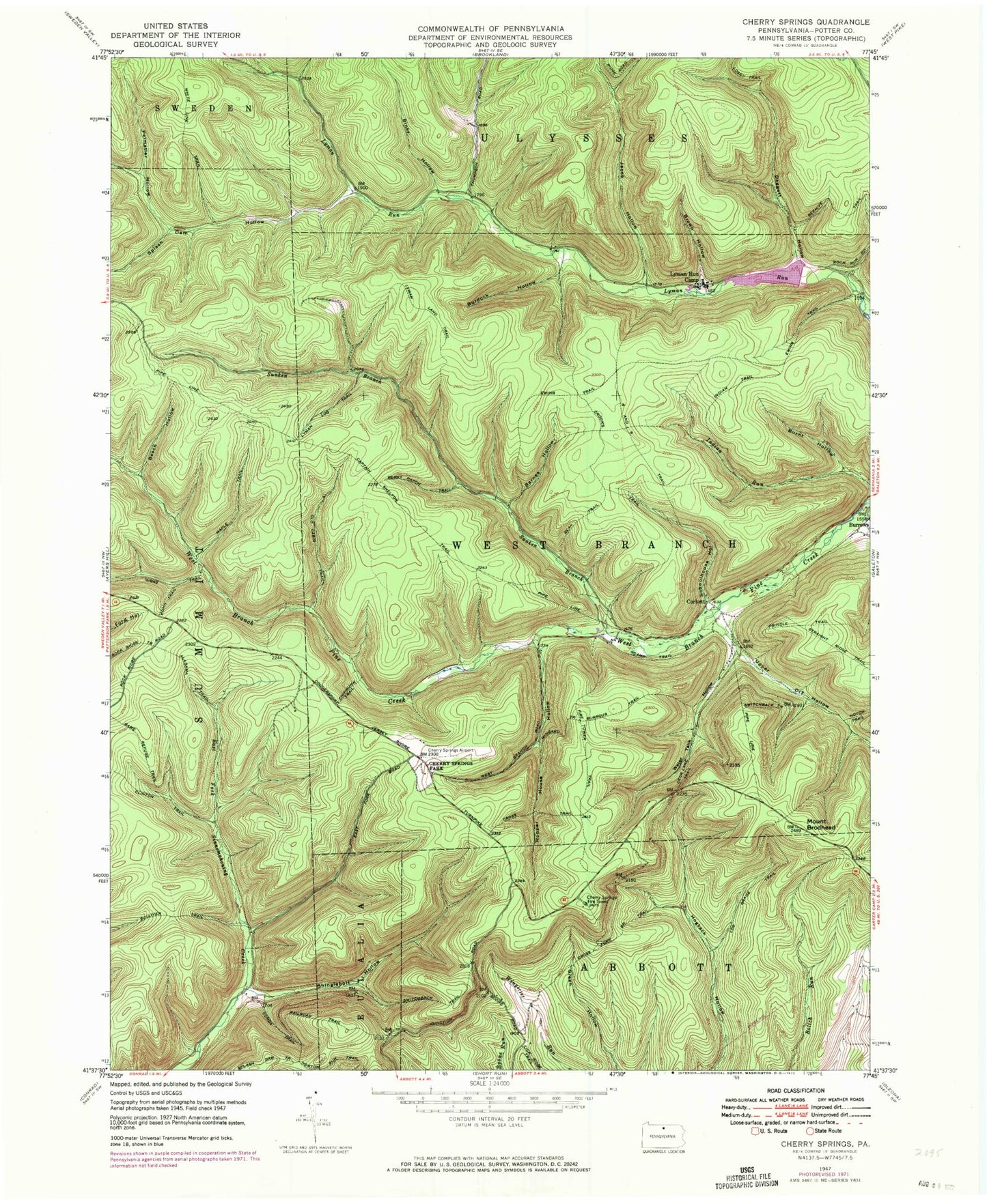 Classic USGS Cherry Springs Pennsylvania 7.5'x7.5' Topo Map Image