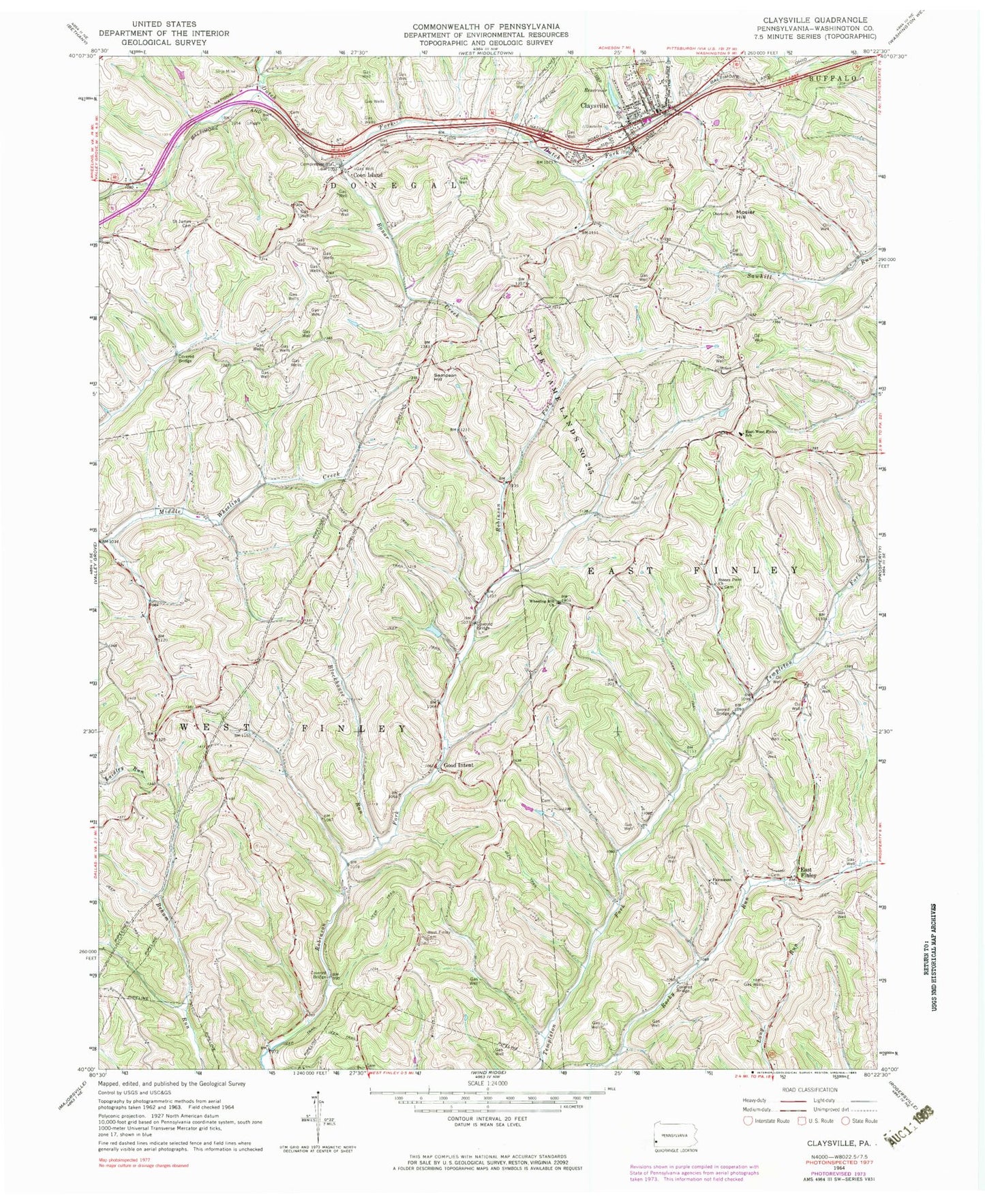 Classic USGS Claysville Pennsylvania 7.5'x7.5' Topo Map Image