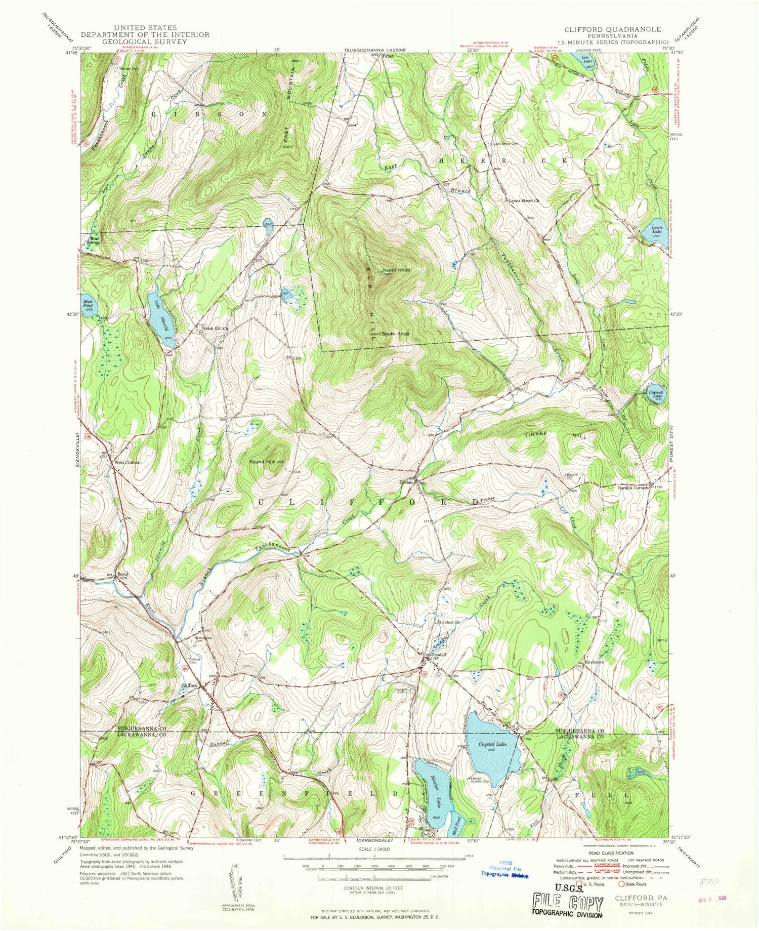 Classic USGS Clifford Pennsylvania 7.5'x7.5' Topo Map Image