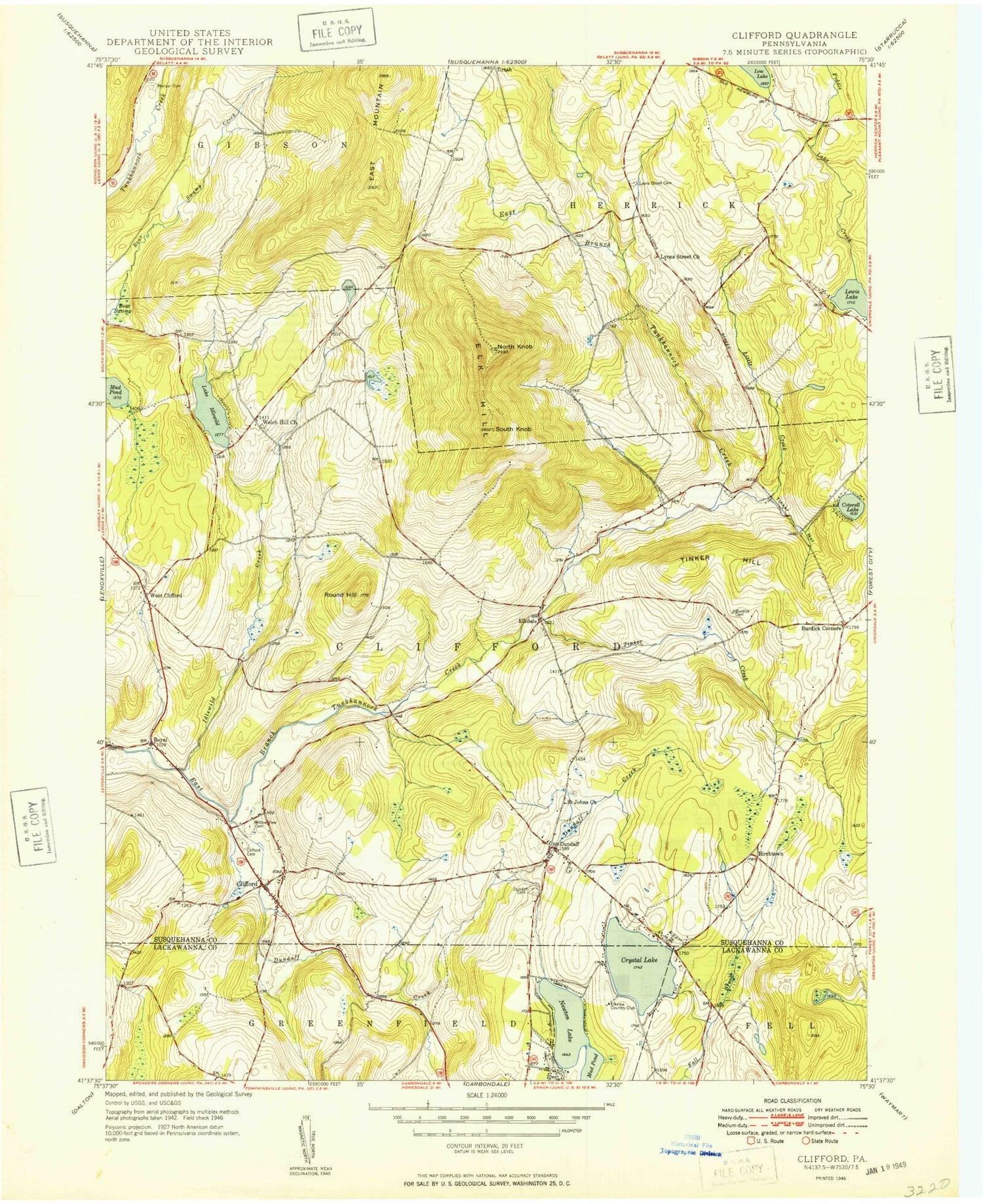 Classic USGS Clifford Pennsylvania 7.5'x7.5' Topo Map Image
