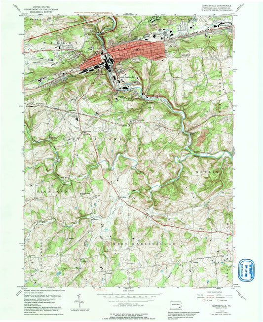 Classic USGS Coatesville Pennsylvania 7.5'x7.5' Topo Map Image
