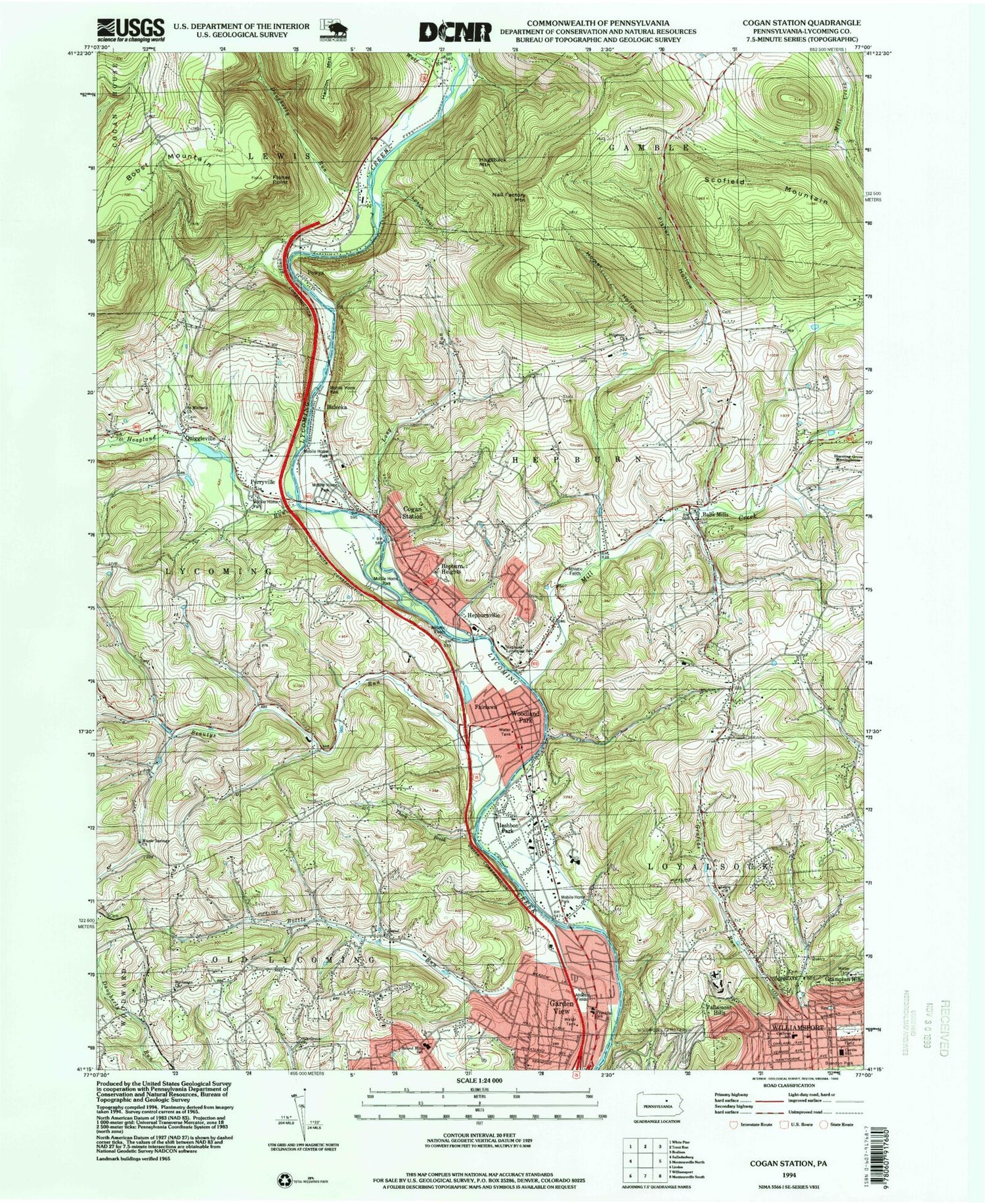 Classic USGS Cogan Station Pennsylvania 7.5'x7.5' Topo Map Image