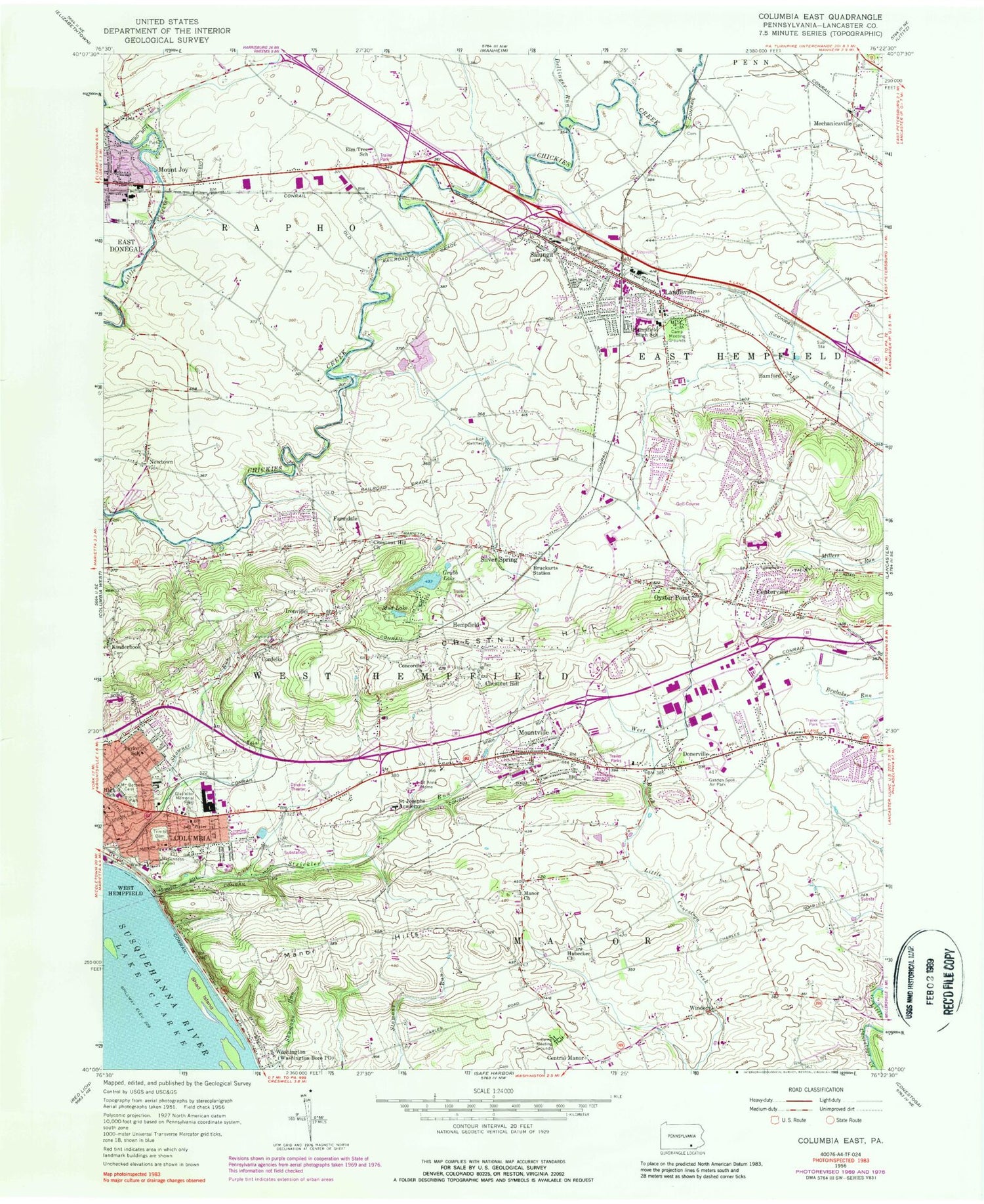 Classic USGS Columbia East Pennsylvania 7.5'x7.5' Topo Map Image