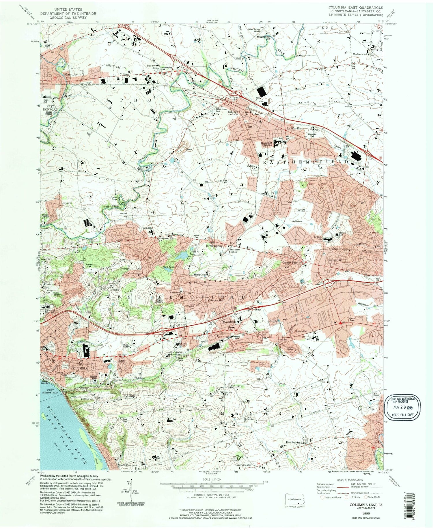 Classic USGS Columbia East Pennsylvania 7.5'x7.5' Topo Map Image