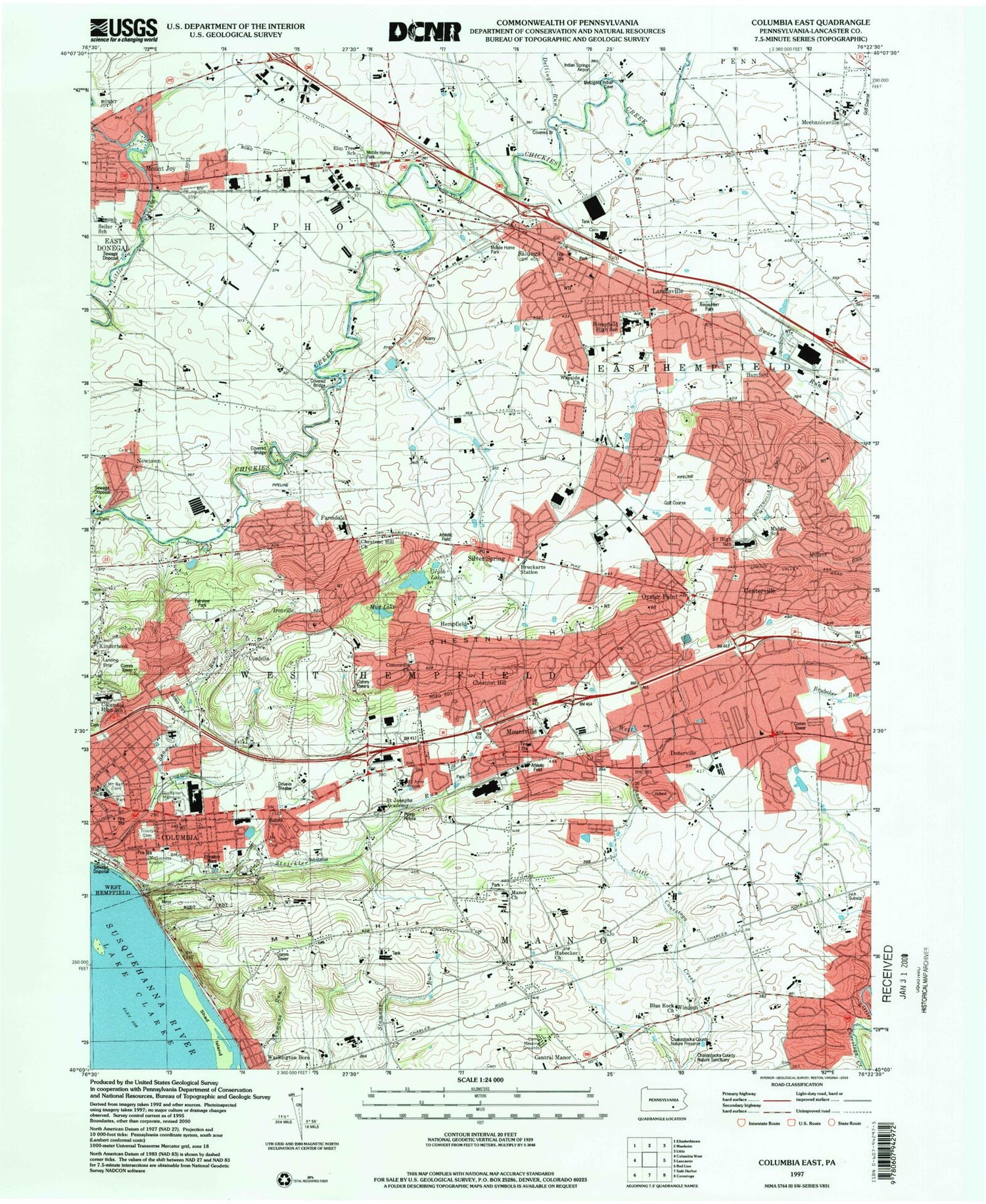 Classic USGS Columbia East Pennsylvania 7.5'x7.5' Topo Map Image