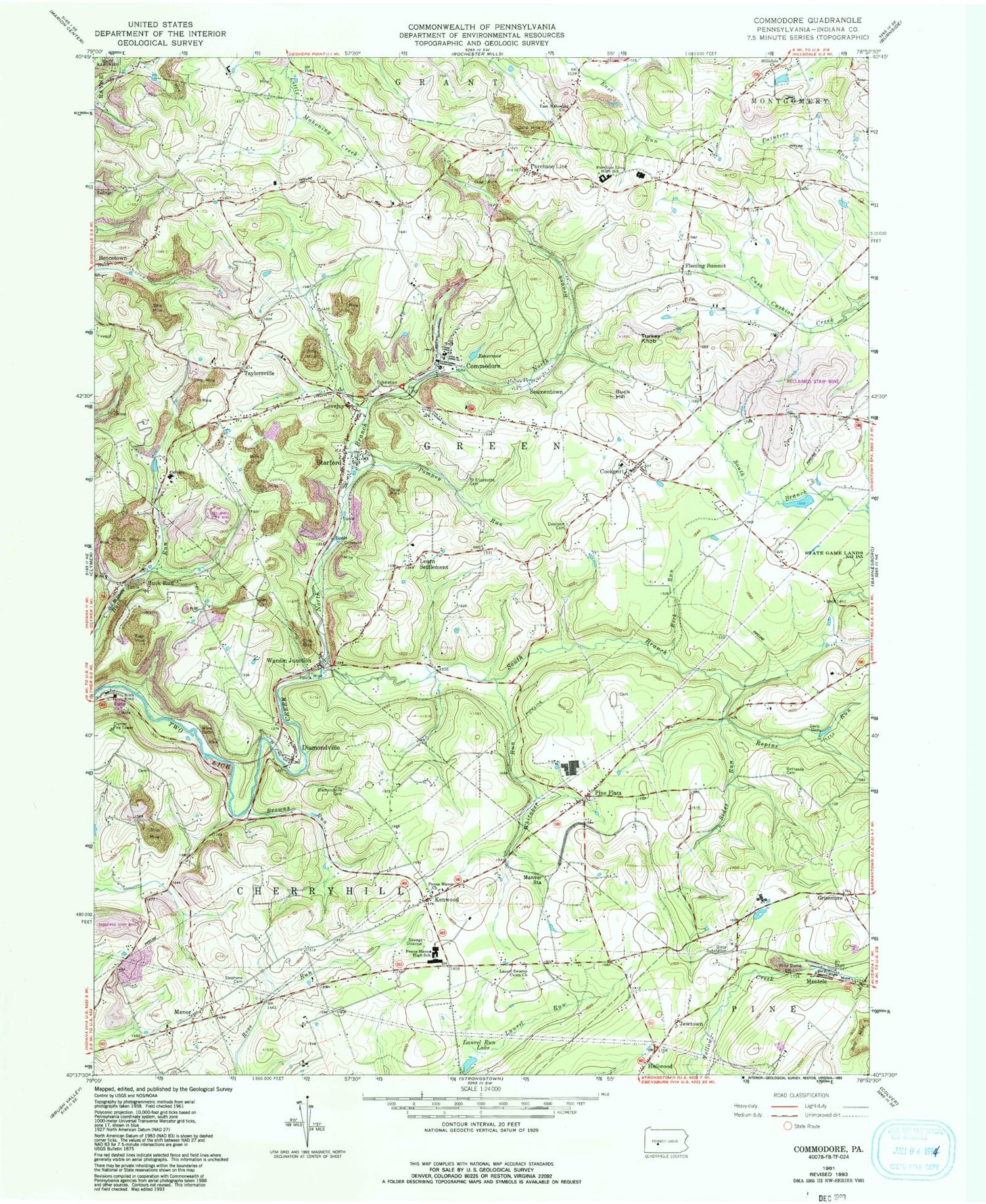 Classic USGS Commodore Pennsylvania 7.5'x7.5' Topo Map Image