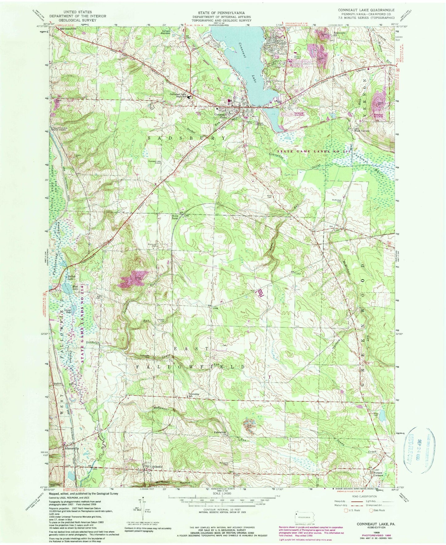 Classic USGS Conneaut Lake Pennsylvania 7.5'x7.5' Topo Map Image