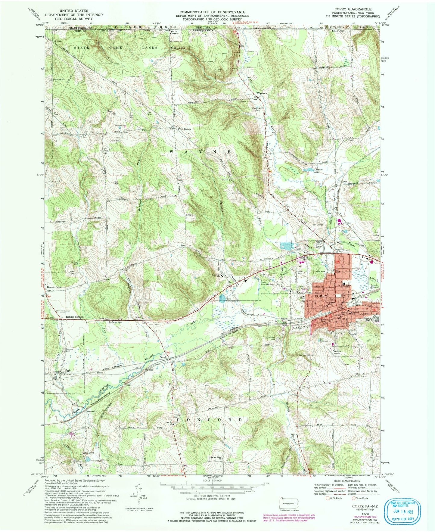 Classic USGS Corry Pennsylvania 7.5'x7.5' Topo Map Image