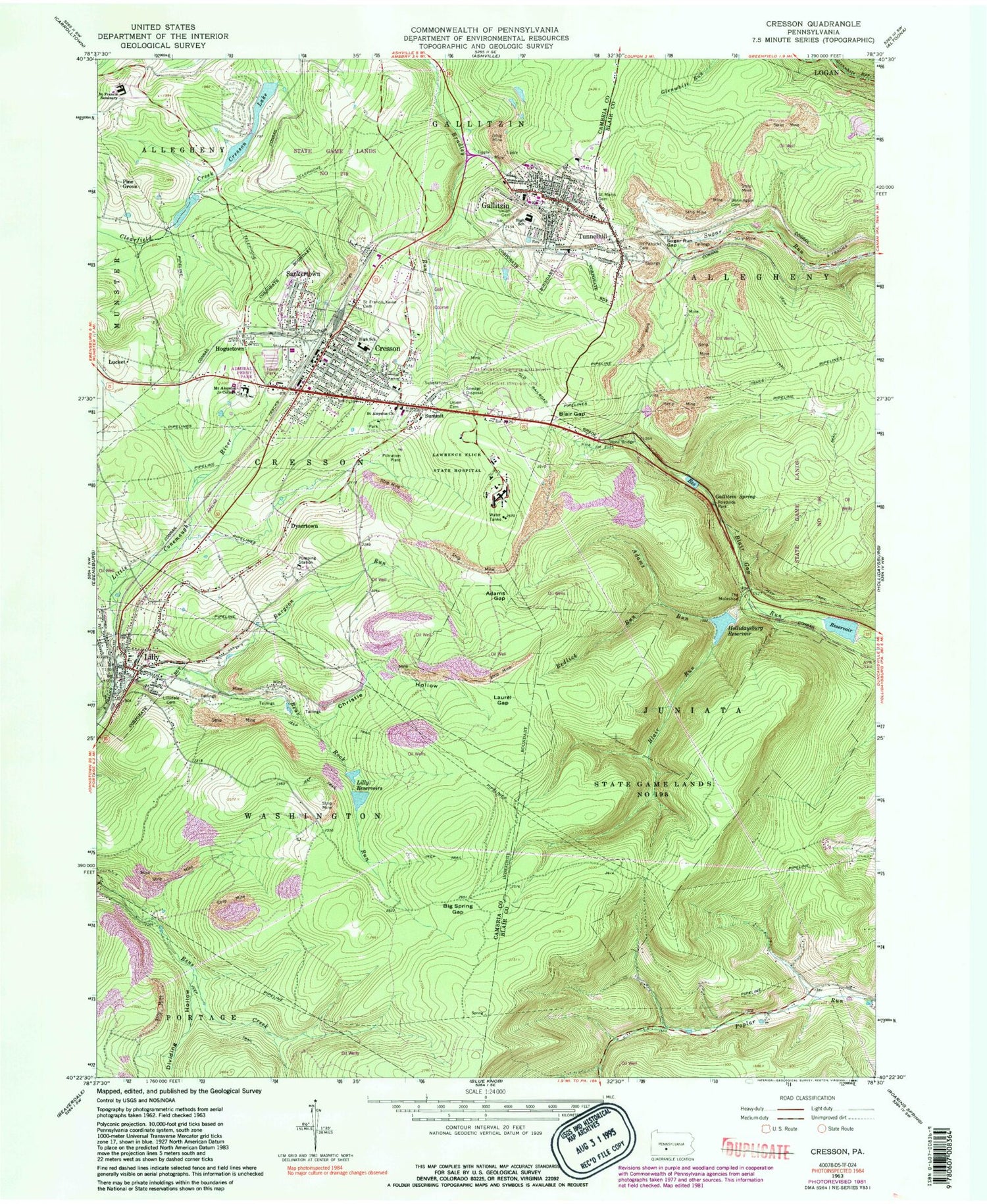 Classic USGS Cresson Pennsylvania 7.5'x7.5' Topo Map Image