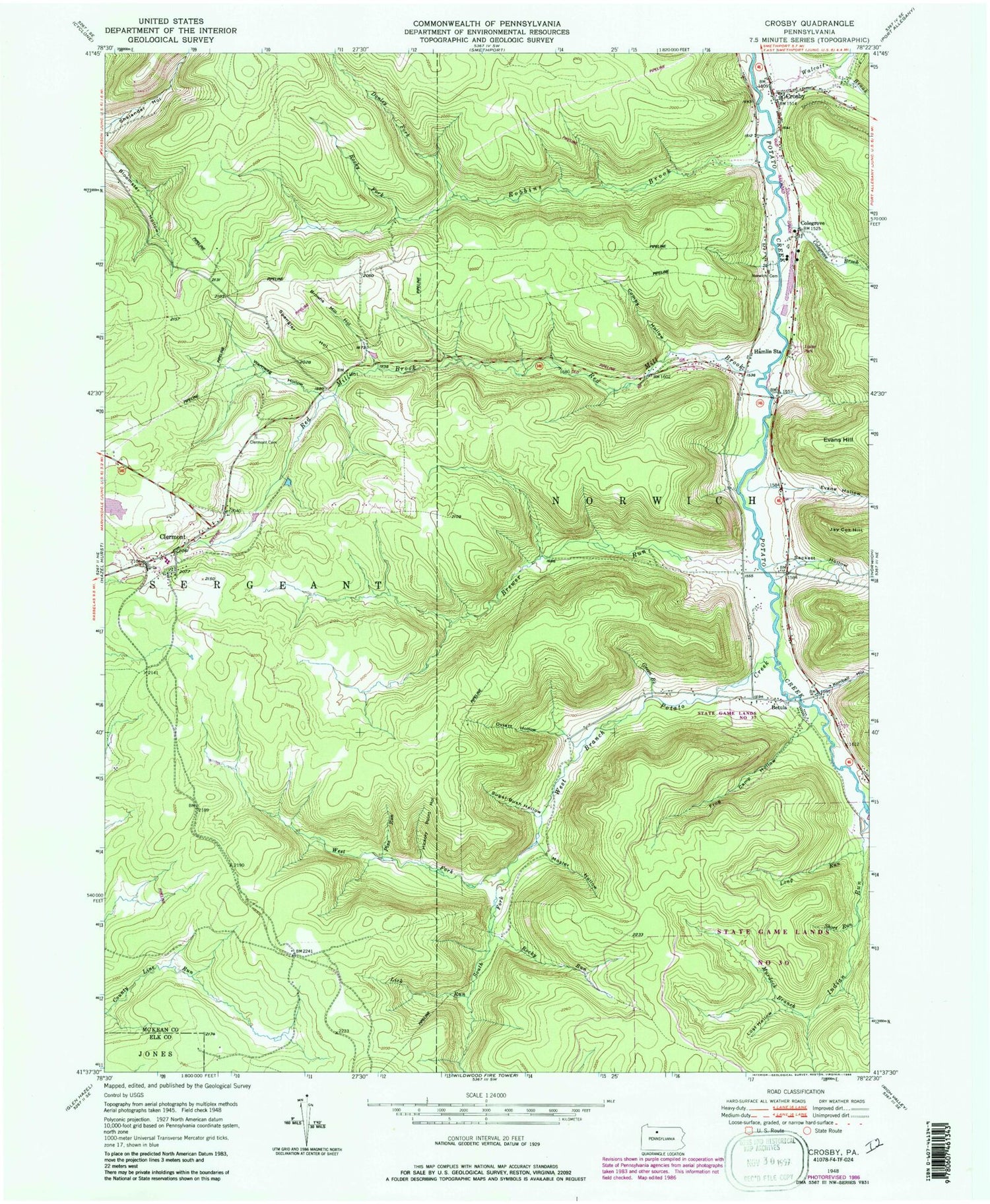 Classic USGS Crosby Pennsylvania 7.5'x7.5' Topo Map Image