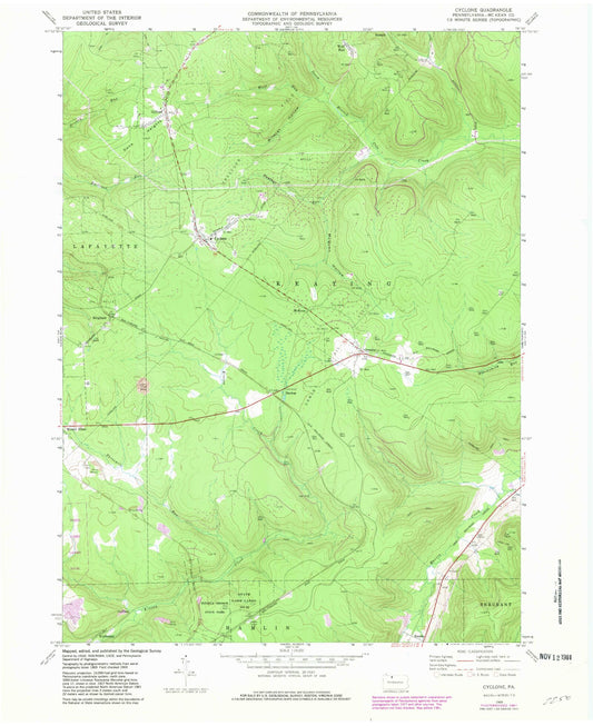 Classic USGS Cyclone Pennsylvania 7.5'x7.5' Topo Map Image