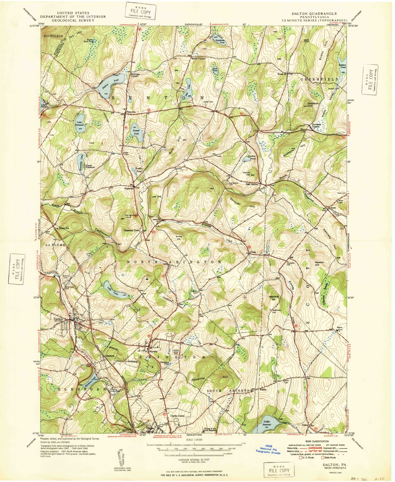Classic USGS Dalton Pennsylvania 7.5'x7.5' Topo Map Image