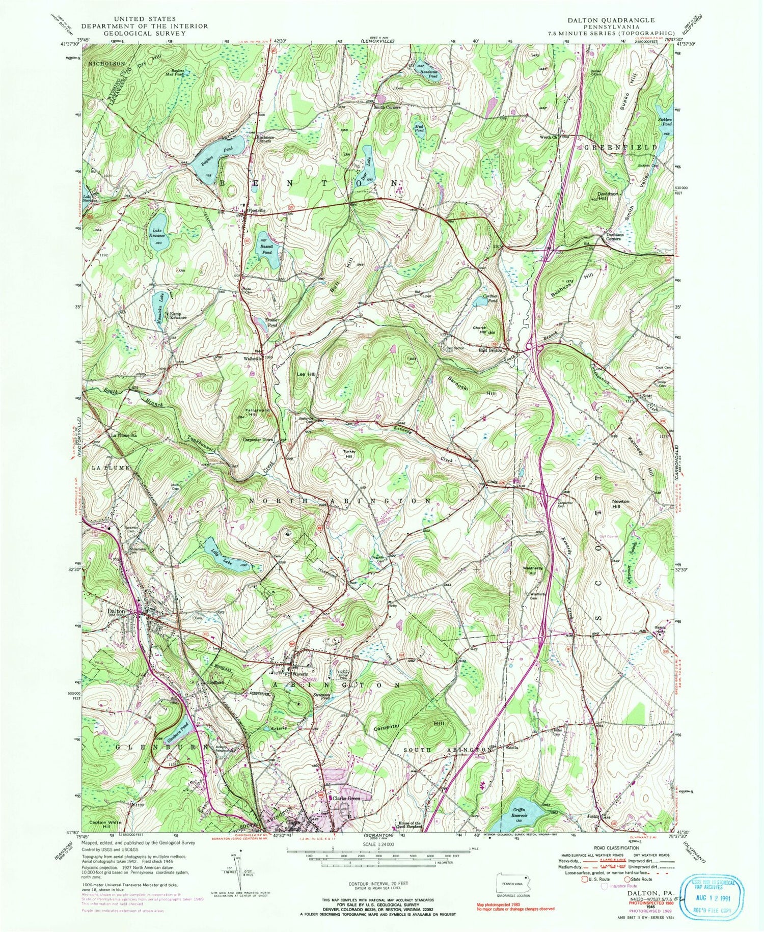 Classic USGS Dalton Pennsylvania 7.5'x7.5' Topo Map Image