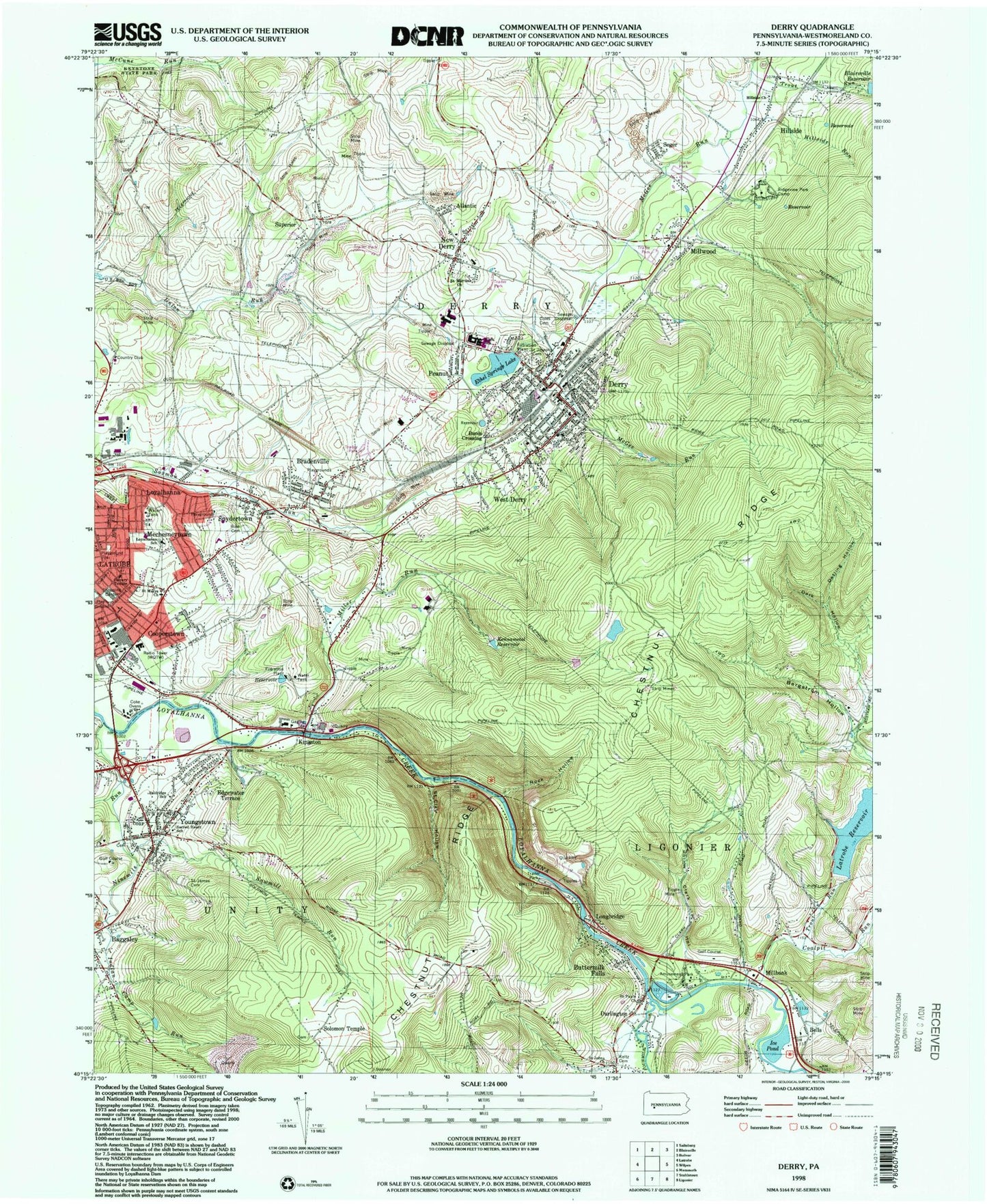 Classic USGS Derry Pennsylvania 7.5'x7.5' Topo Map Image