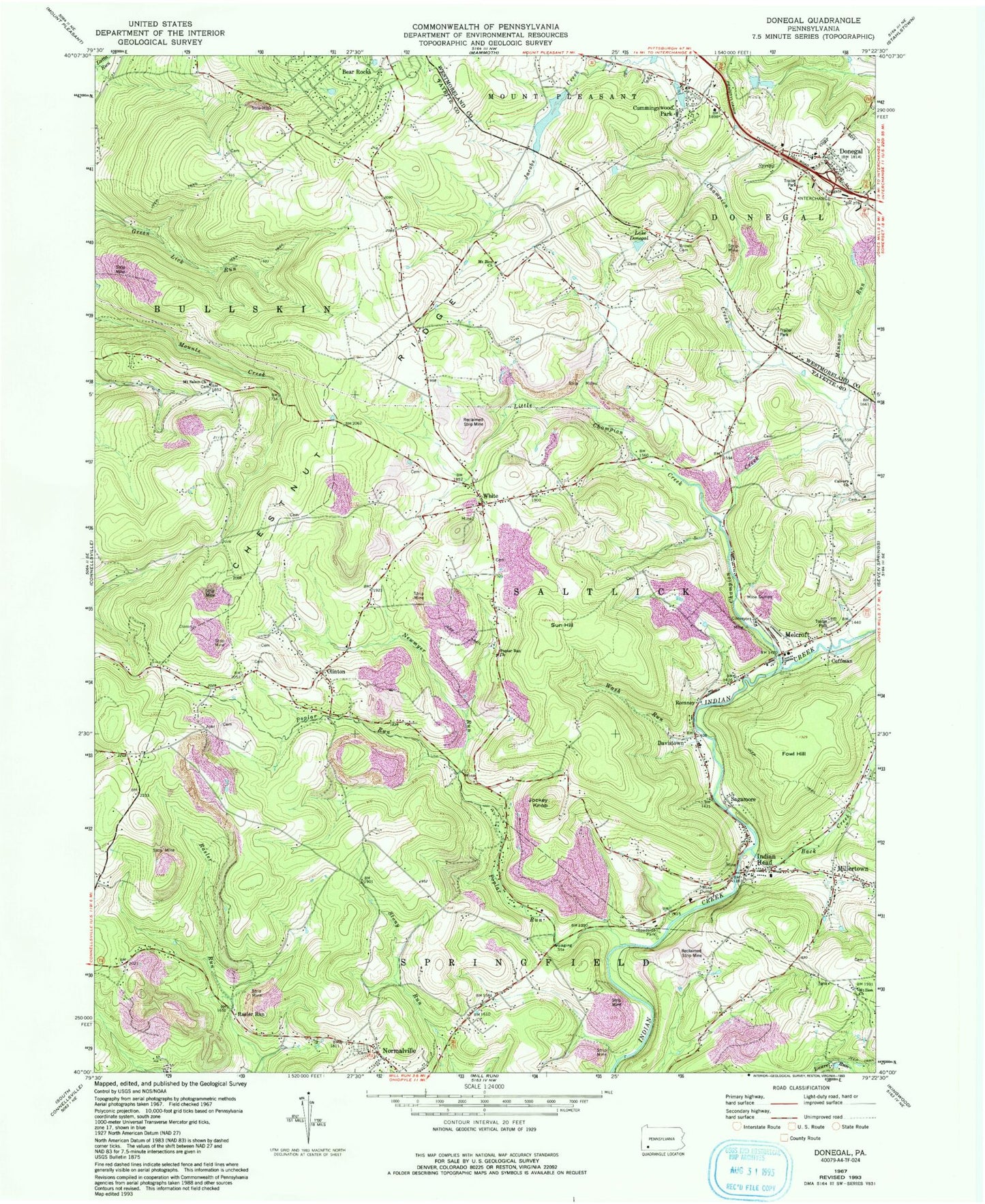 Classic USGS Donegal Pennsylvania 7.5'x7.5' Topo Map Image
