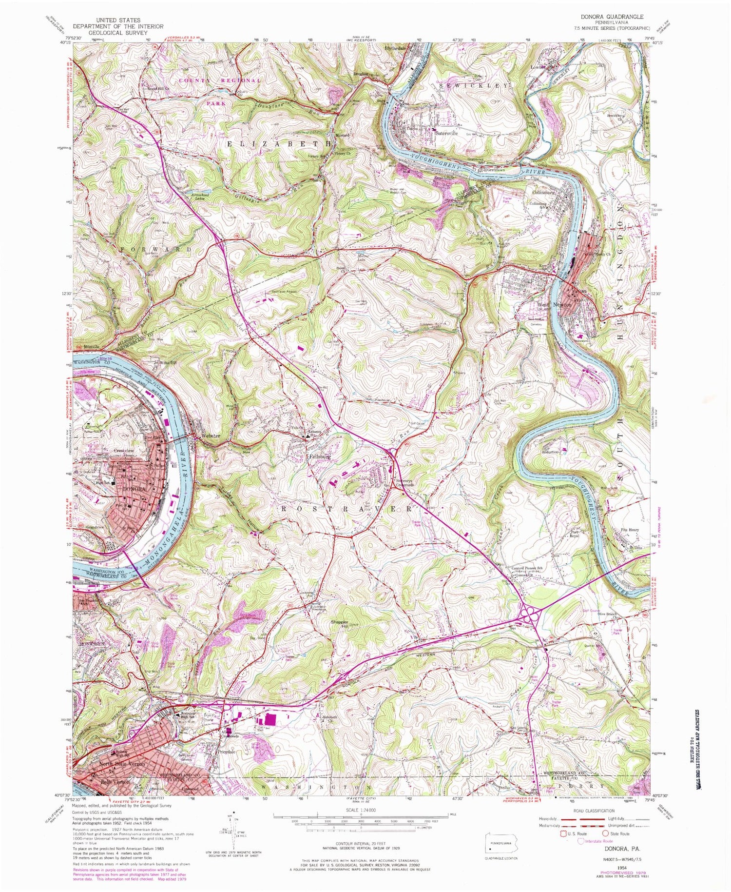 Classic USGS Donora Pennsylvania 7.5'x7.5' Topo Map Image