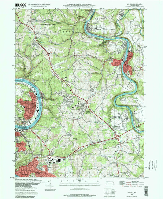 Classic USGS Donora Pennsylvania 7.5'x7.5' Topo Map Image