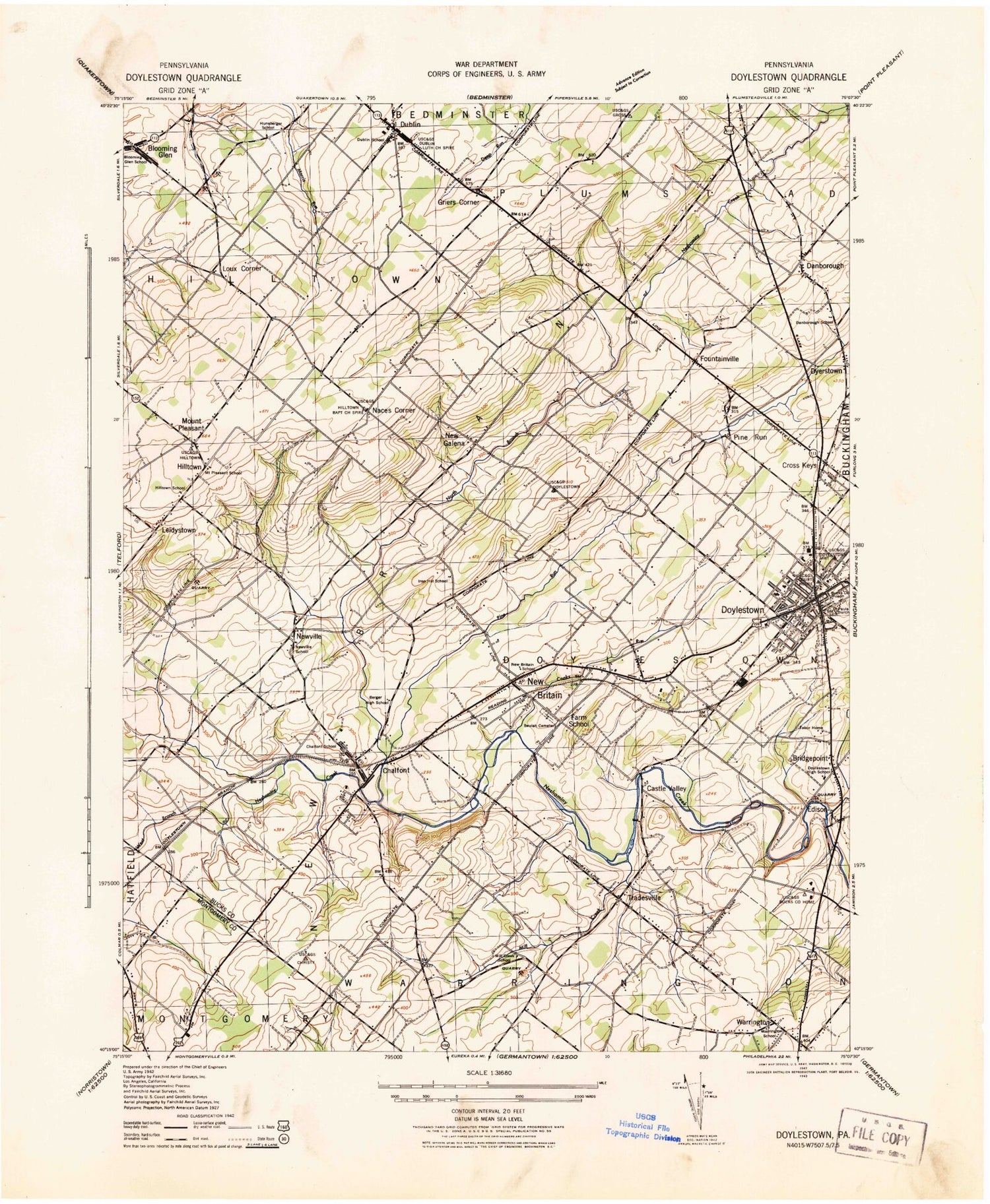 Classic USGS Doylestown Pennsylvania 7.5'x7.5' Topo Map Image