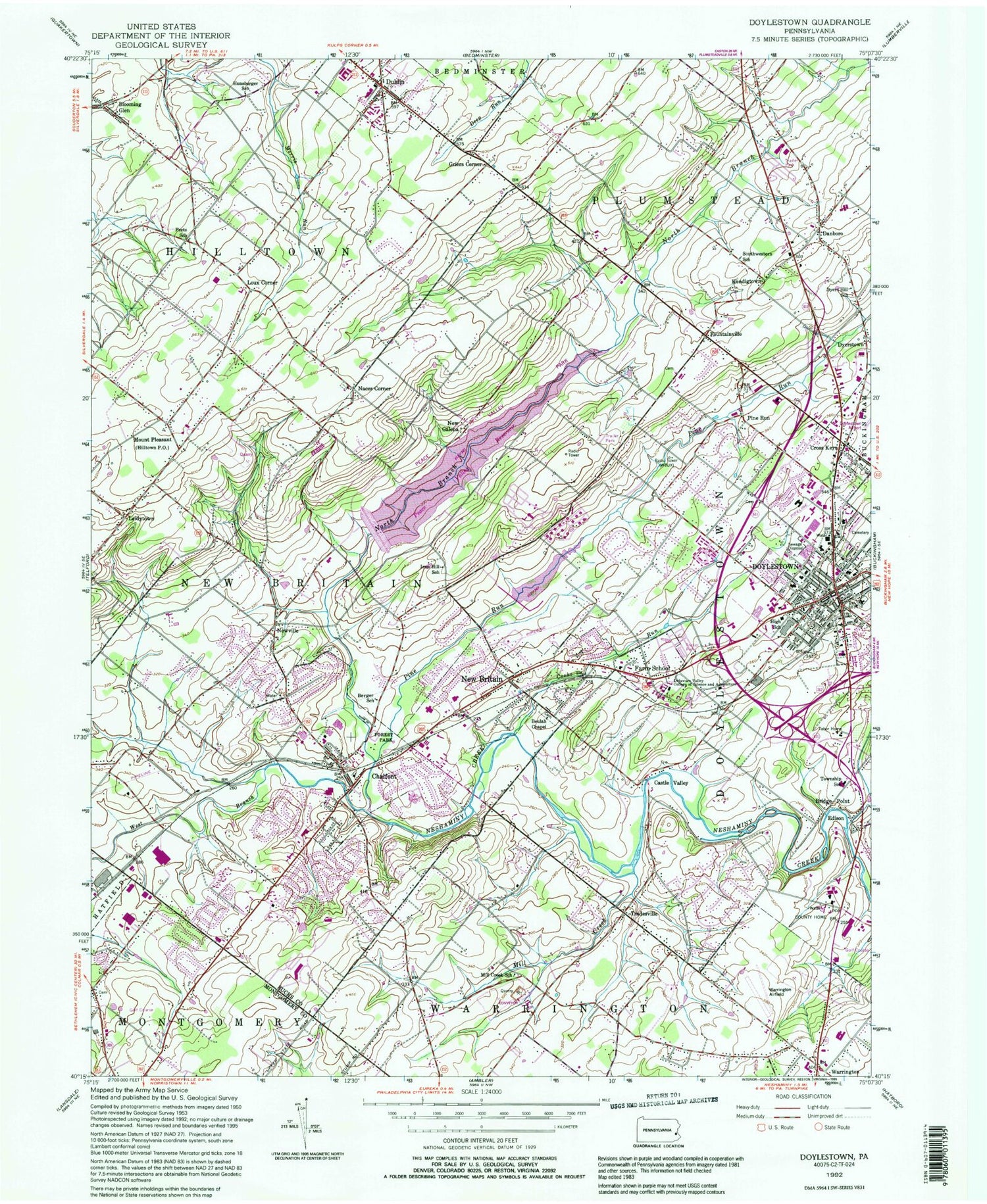 Classic USGS Doylestown Pennsylvania 7.5'x7.5' Topo Map Image
