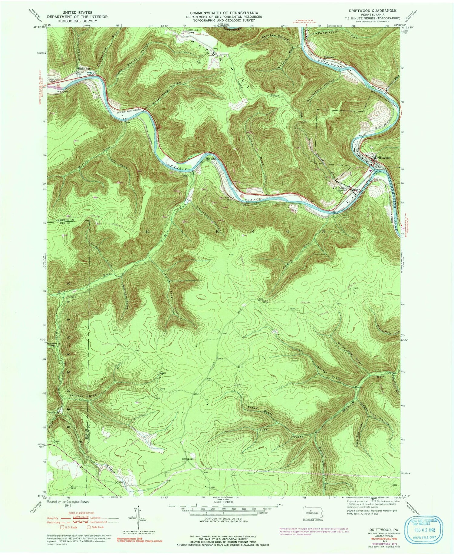 Classic USGS Driftwood Pennsylvania 7.5'x7.5' Topo Map Image