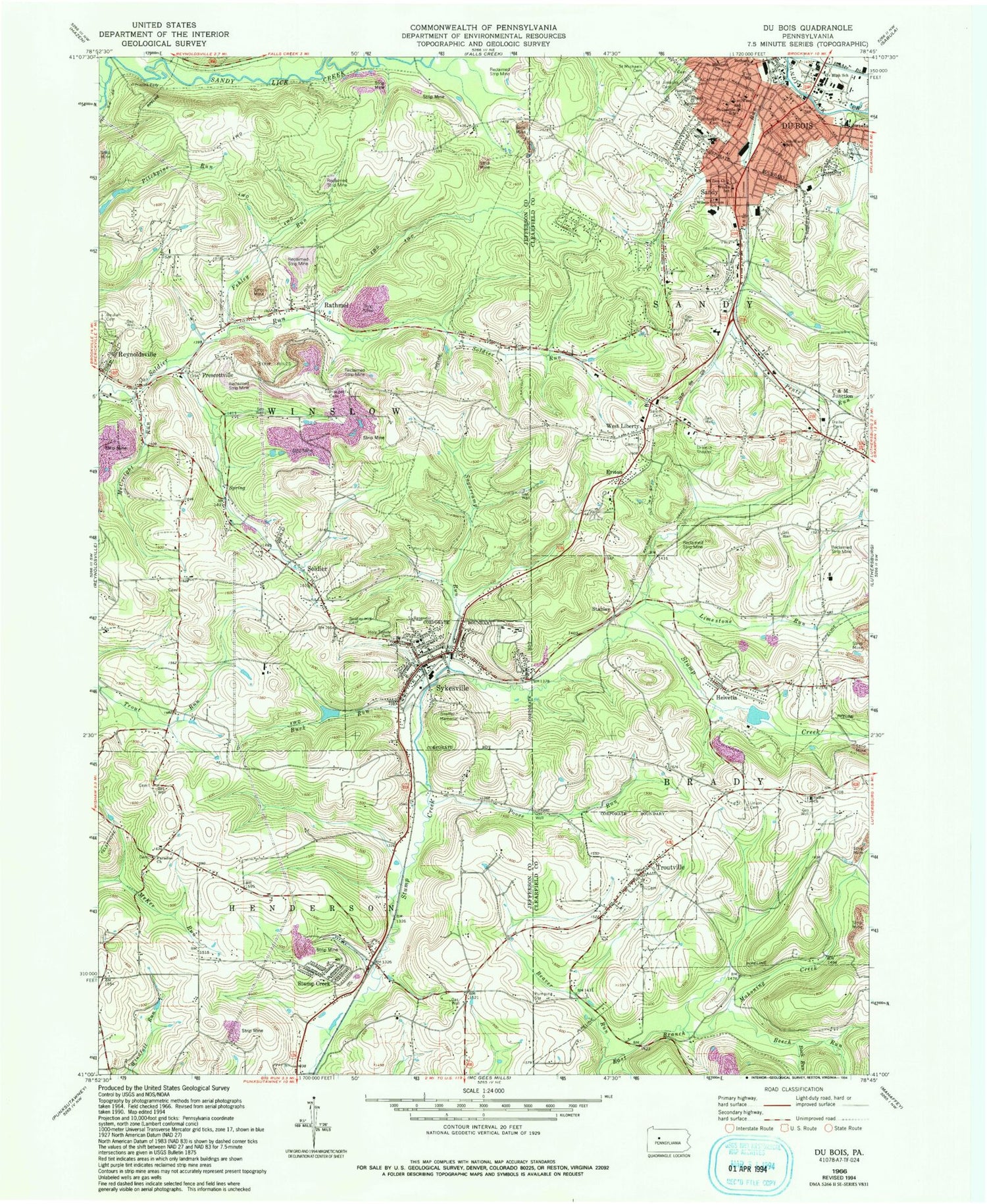 Classic USGS Du Bois Pennsylvania 7.5'x7.5' Topo Map Image