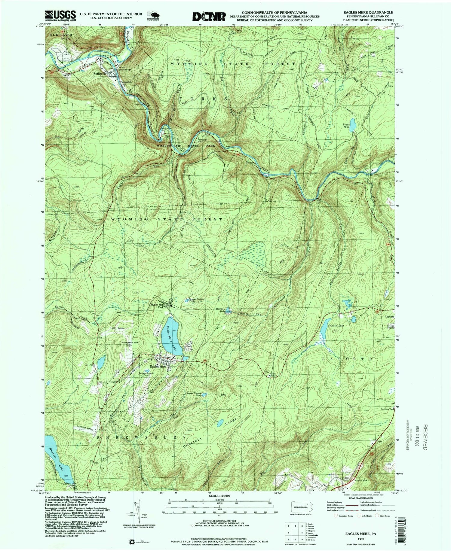 Classic USGS Eagles Mere Pennsylvania 7.5'x7.5' Topo Map Image