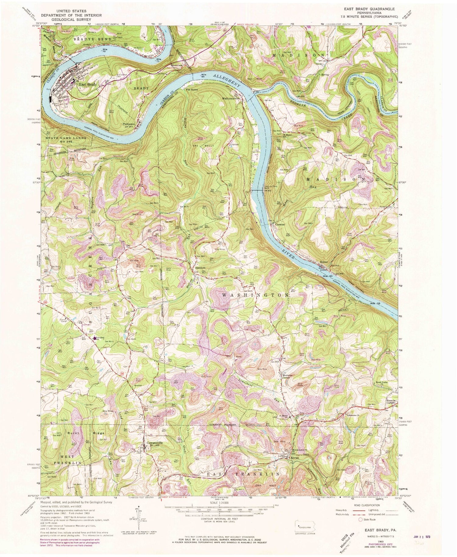 Classic USGS East Brady Pennsylvania 7.5'x7.5' Topo Map Image