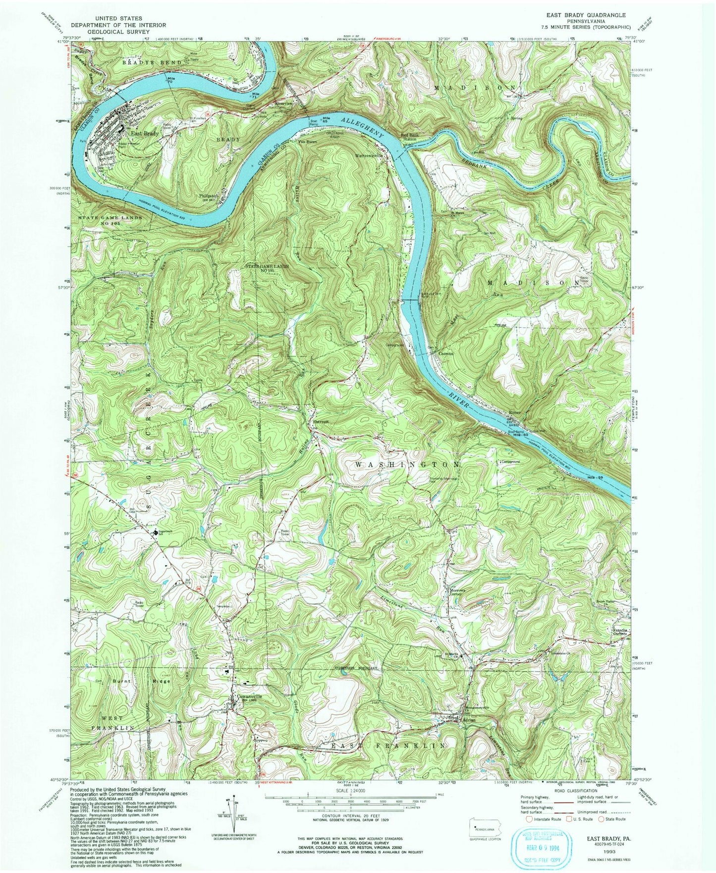 Classic USGS East Brady Pennsylvania 7.5'x7.5' Topo Map Image