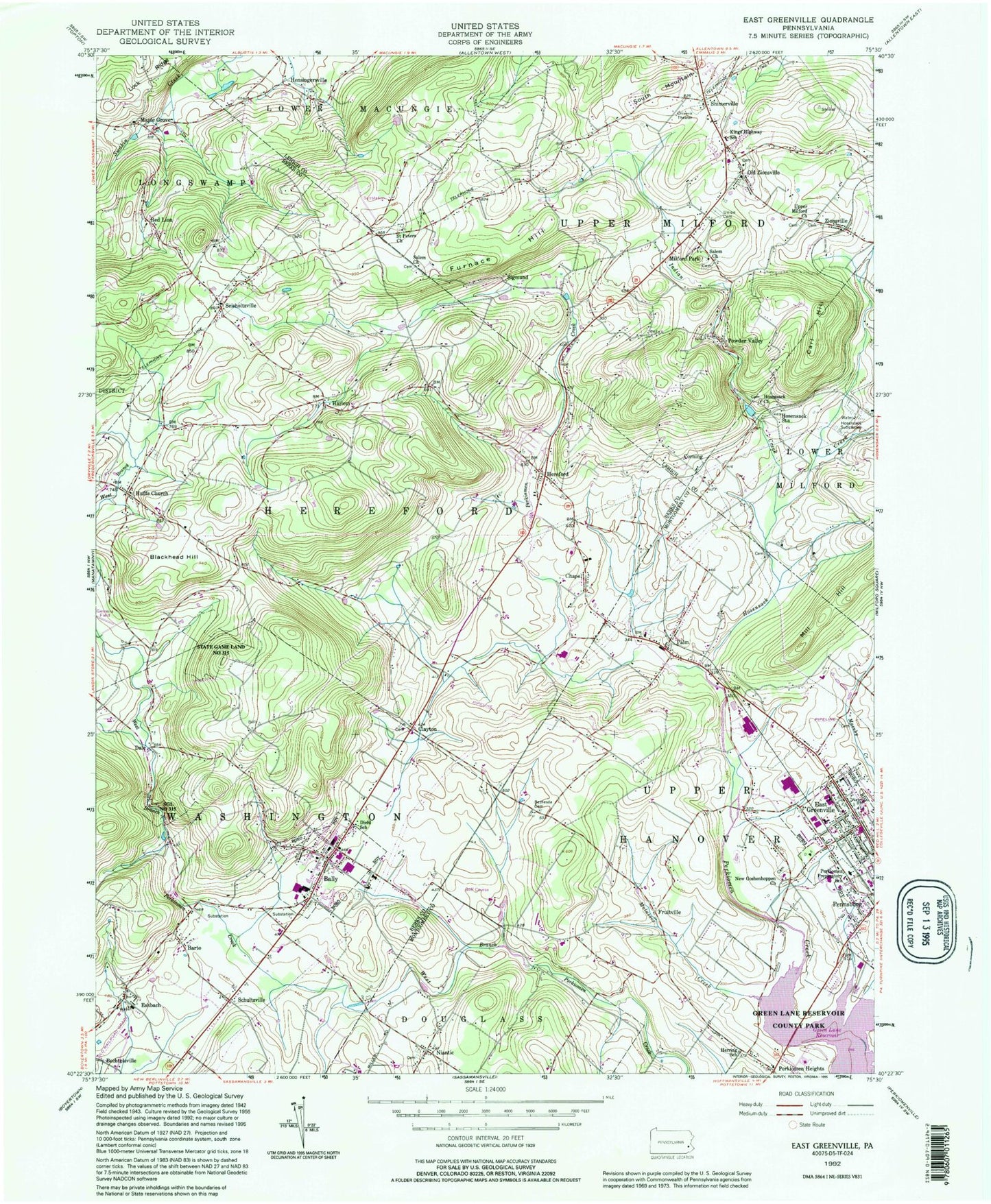 Classic USGS East Greenville Pennsylvania 7.5'x7.5' Topo Map Image