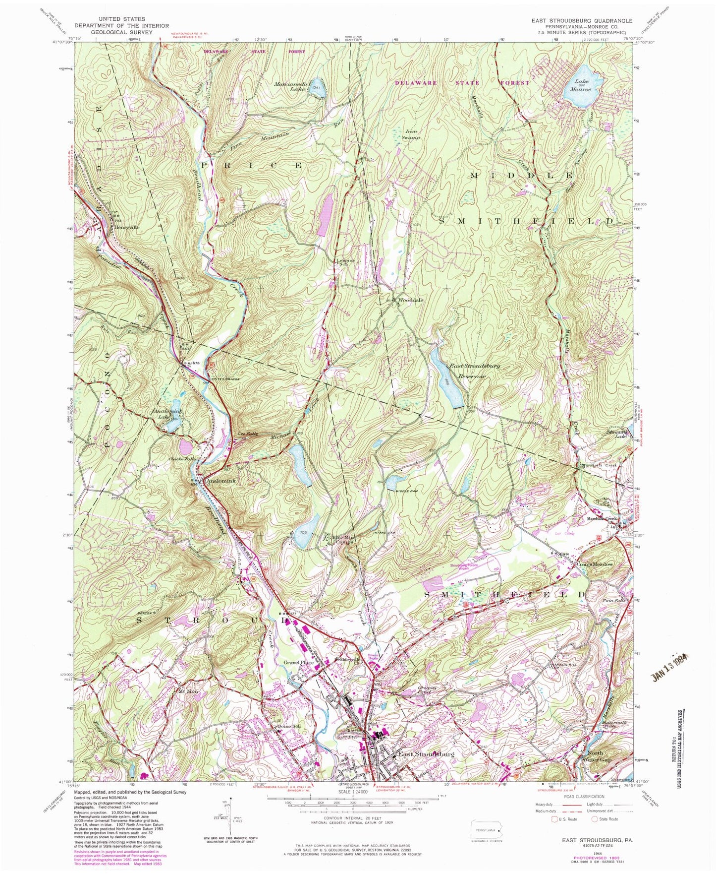 Classic USGS East Stroudsburg Pennsylvania 7.5'x7.5' Topo Map Image