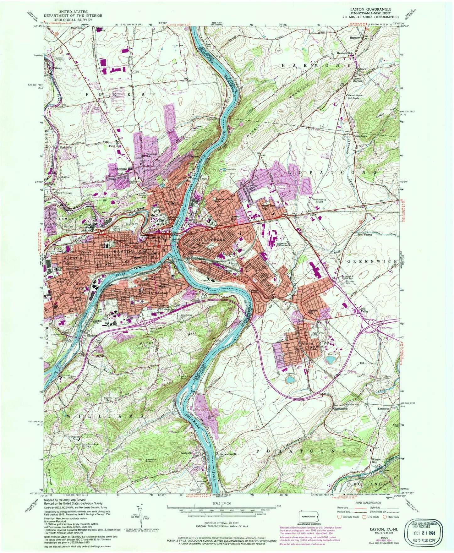 Classic USGS Easton Pennsylvania 7.5'x7.5' Topo Map Image