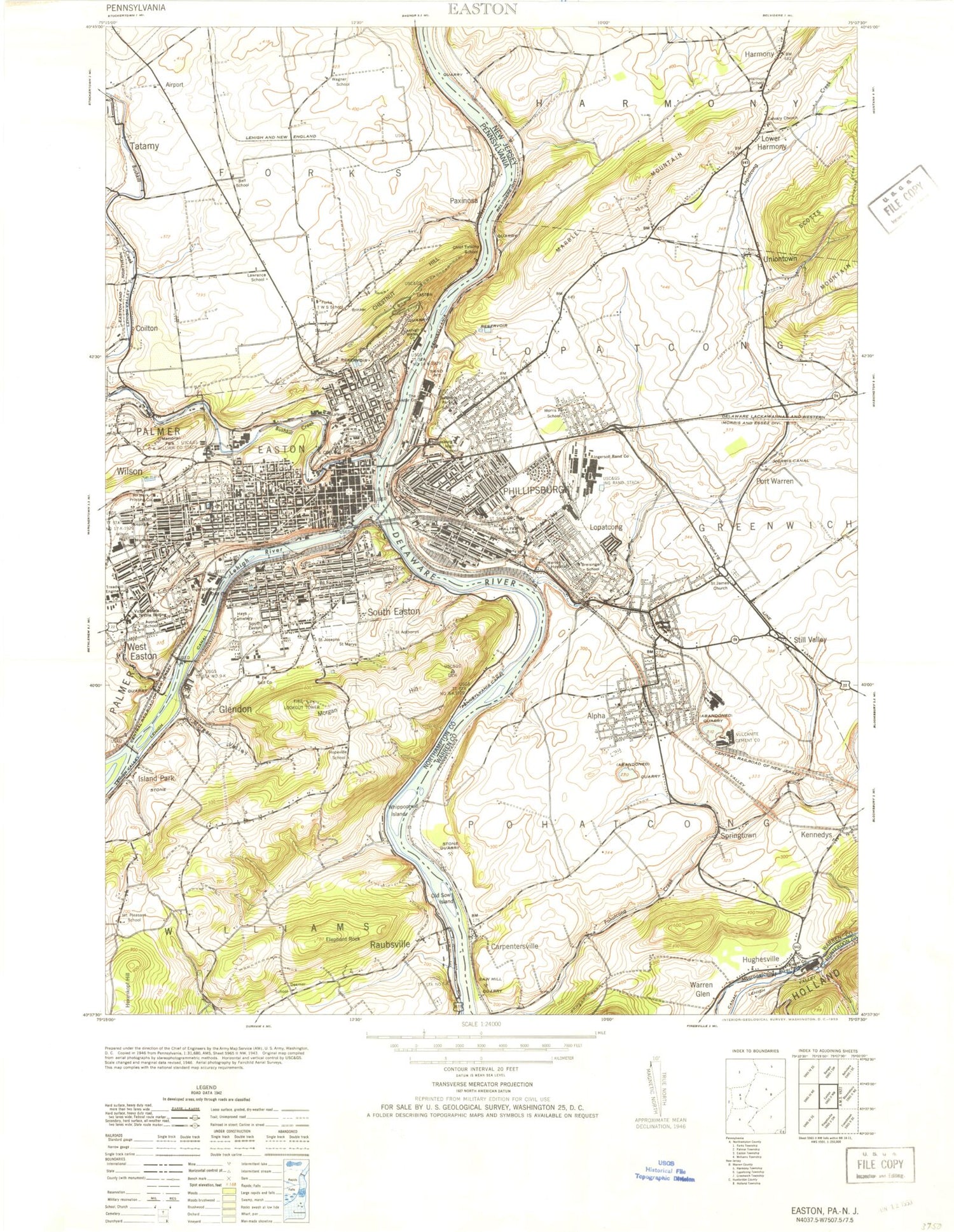 Classic USGS Easton Pennsylvania 7.5'x7.5' Topo Map Image