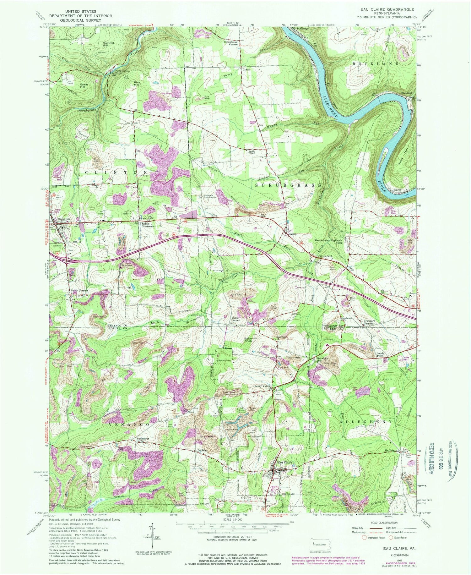 Classic USGS Eau Claire Pennsylvania 7.5'x7.5' Topo Map Image