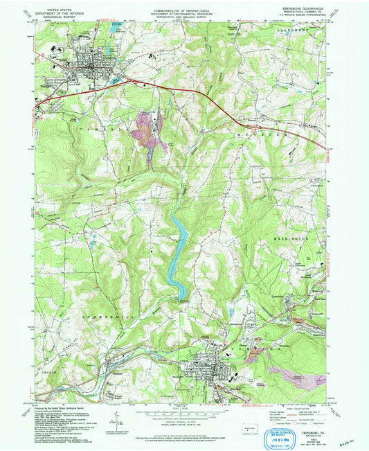 Classic USGS Ebensburg Pennsylvania 7.5'x7.5' Topo Map Image
