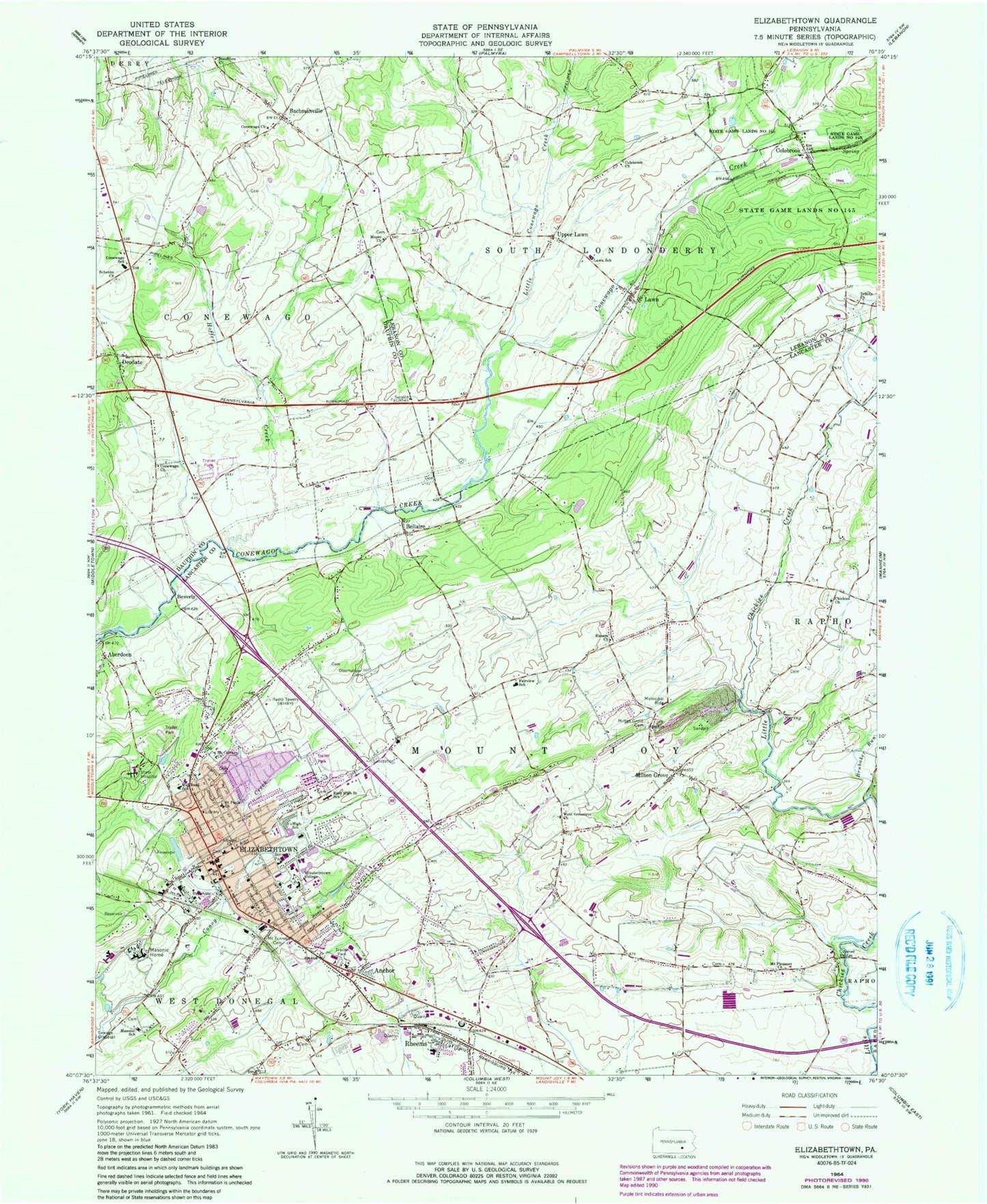 Classic USGS Elizabethtown Pennsylvania 7.5'x7.5' Topo Map Image