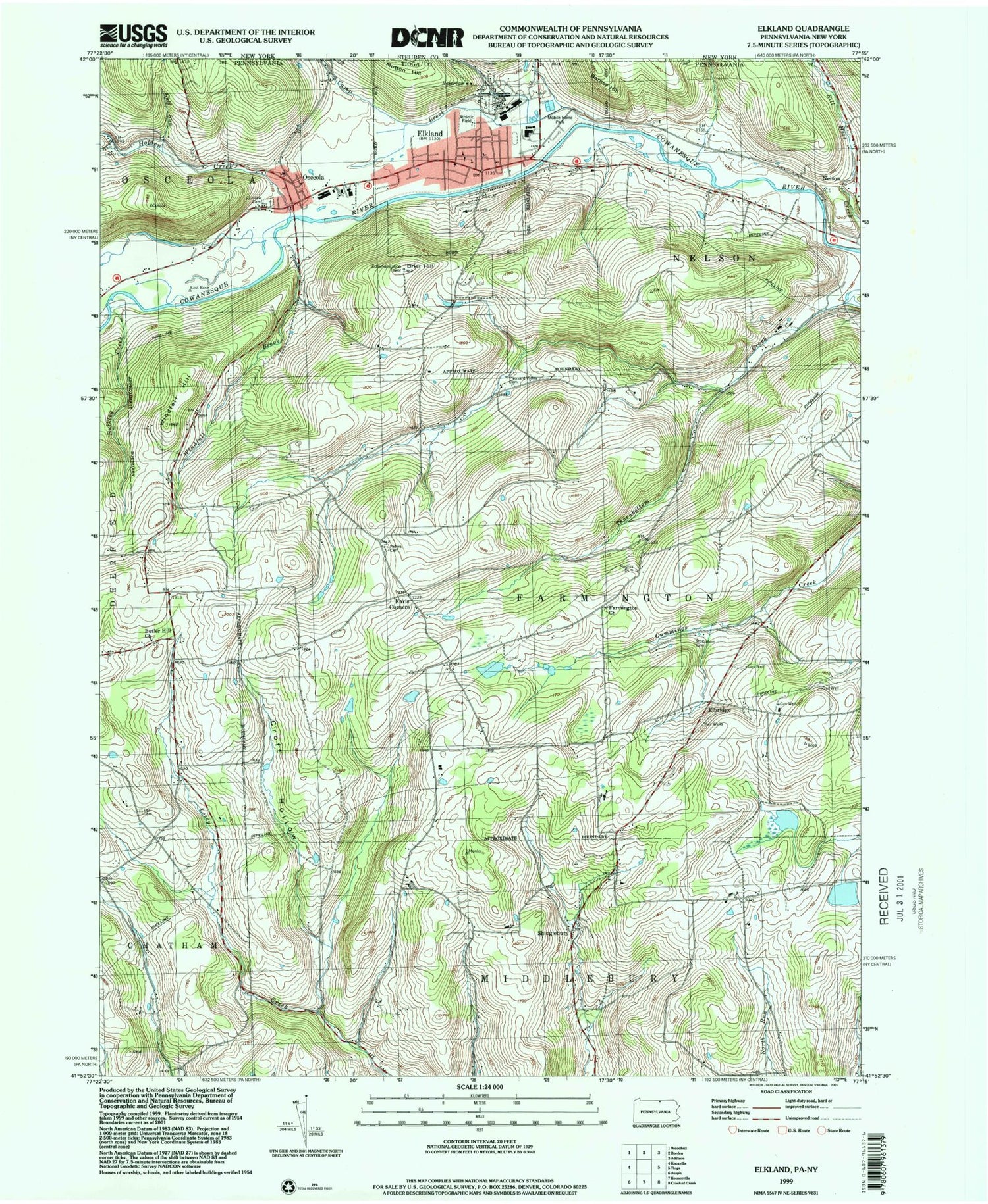 Classic USGS Elkland Pennsylvania 7.5'x7.5' Topo Map Image