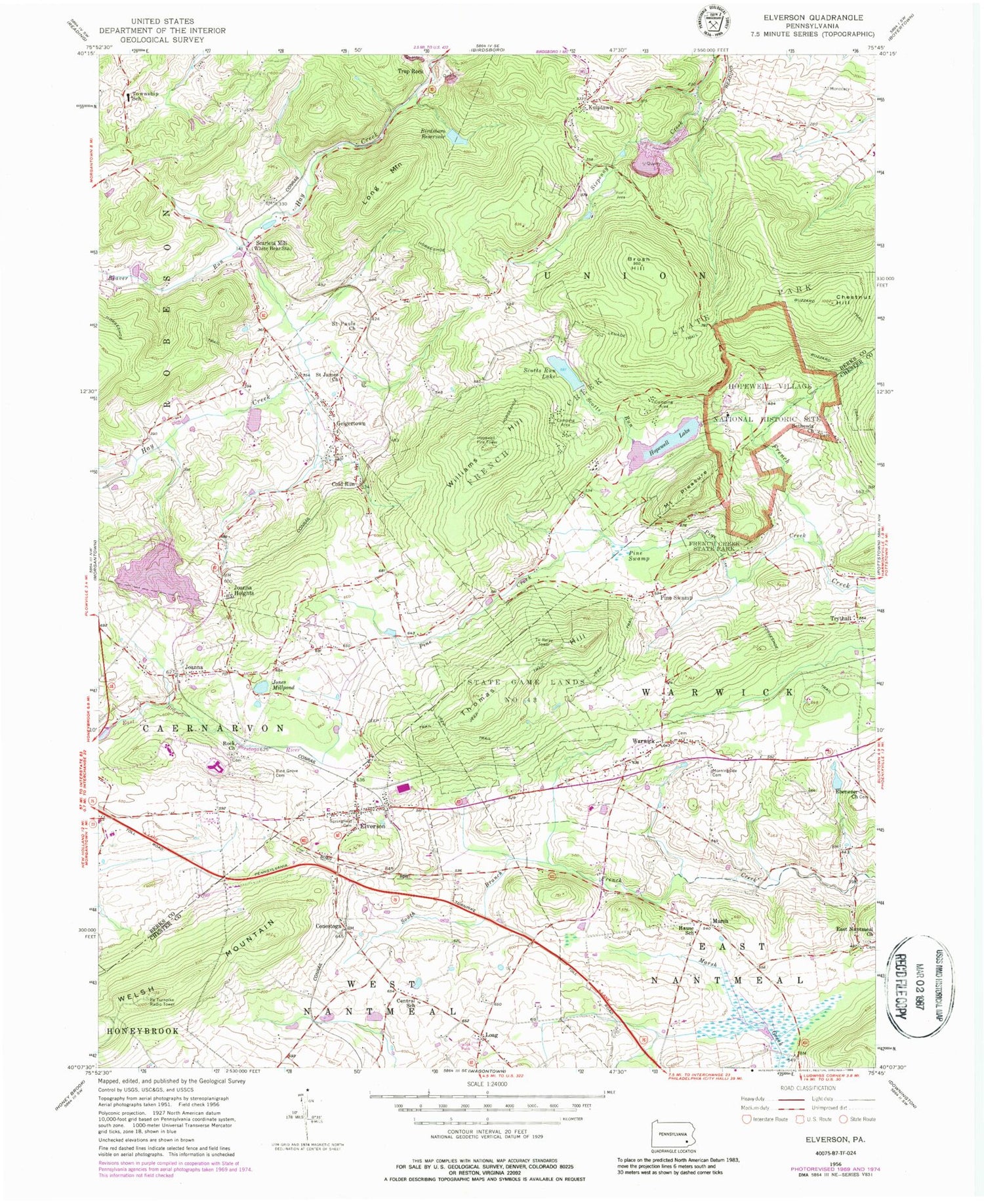 Classic USGS Elverson Pennsylvania 7.5'x7.5' Topo Map Image