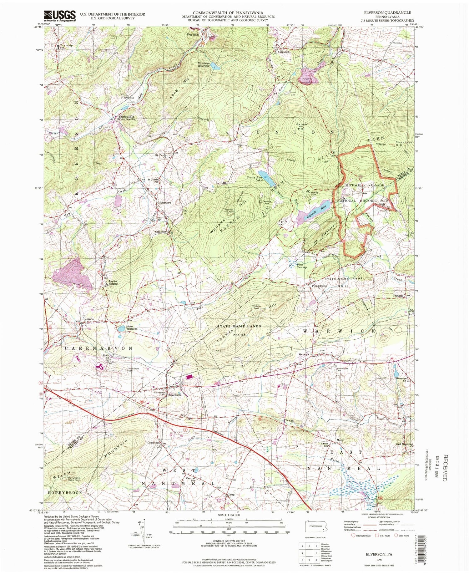 Classic USGS Elverson Pennsylvania 7.5'x7.5' Topo Map Image