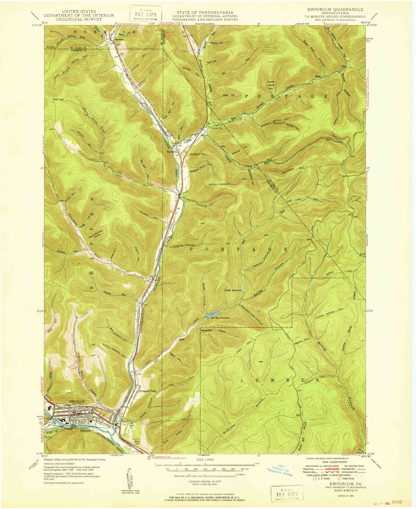 Classic USGS Emporium Pennsylvania 7.5'x7.5' Topo Map Image