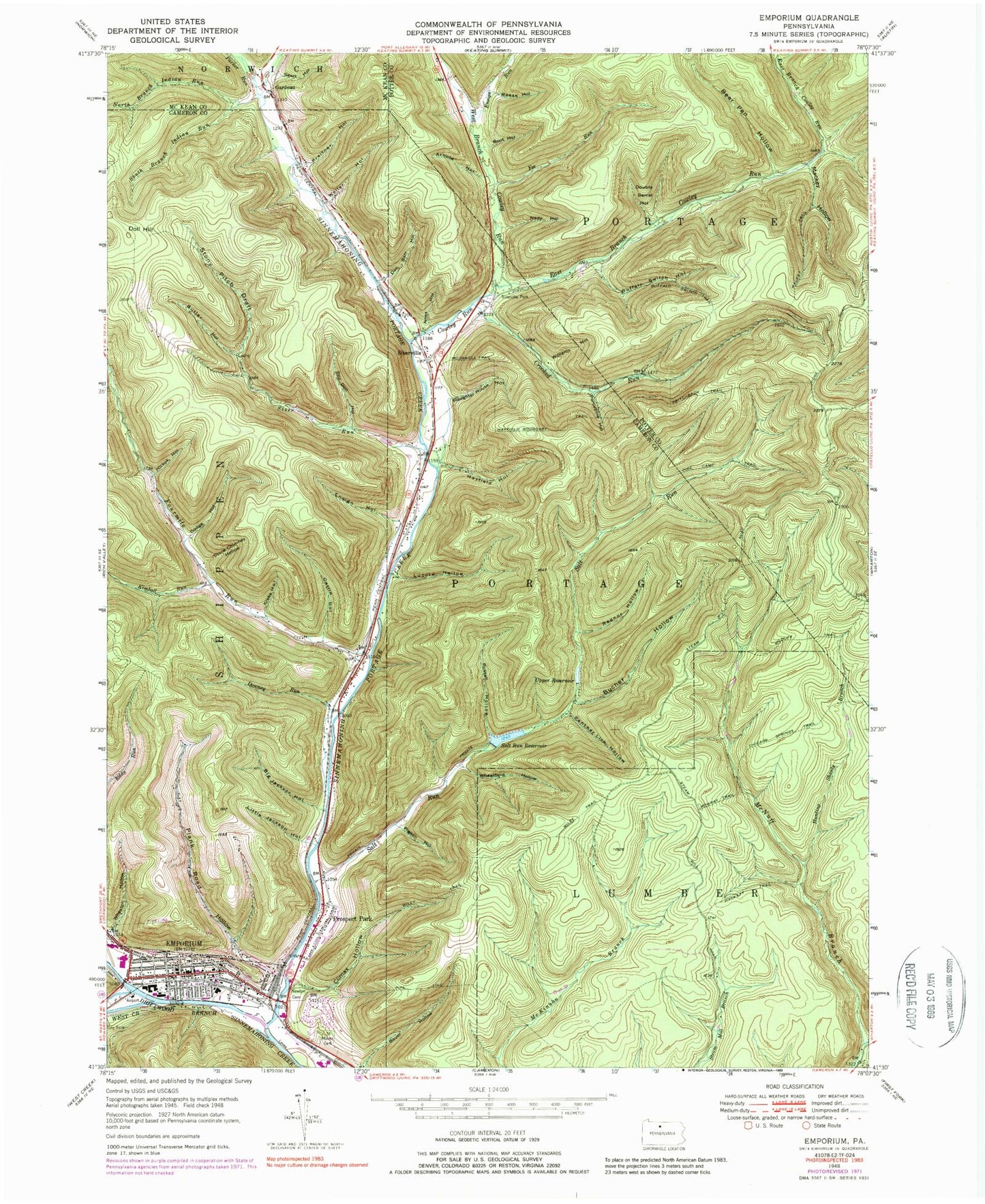 Classic USGS Emporium Pennsylvania 7.5'x7.5' Topo Map Image