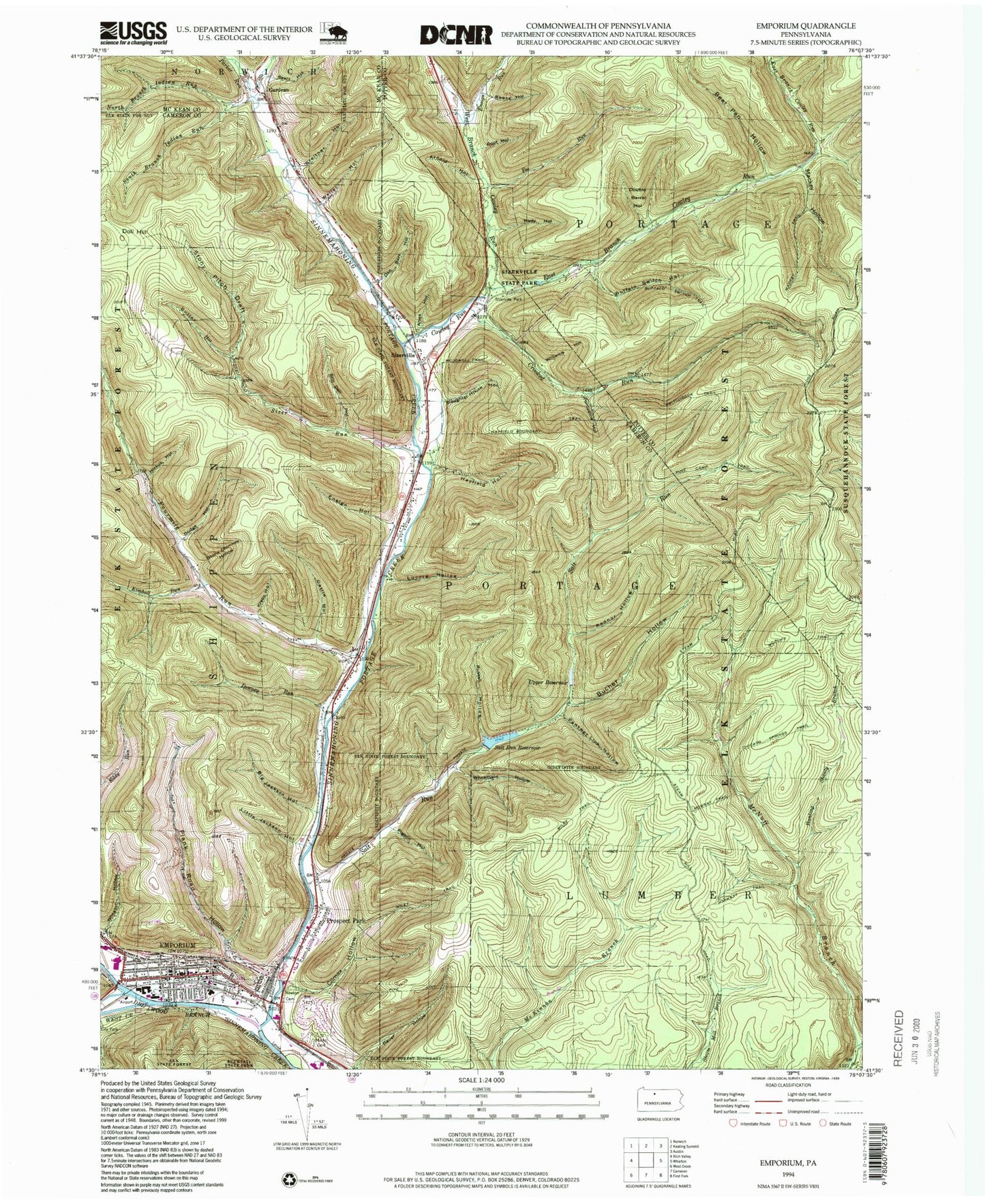 Classic USGS Emporium Pennsylvania 7.5'x7.5' Topo Map Image