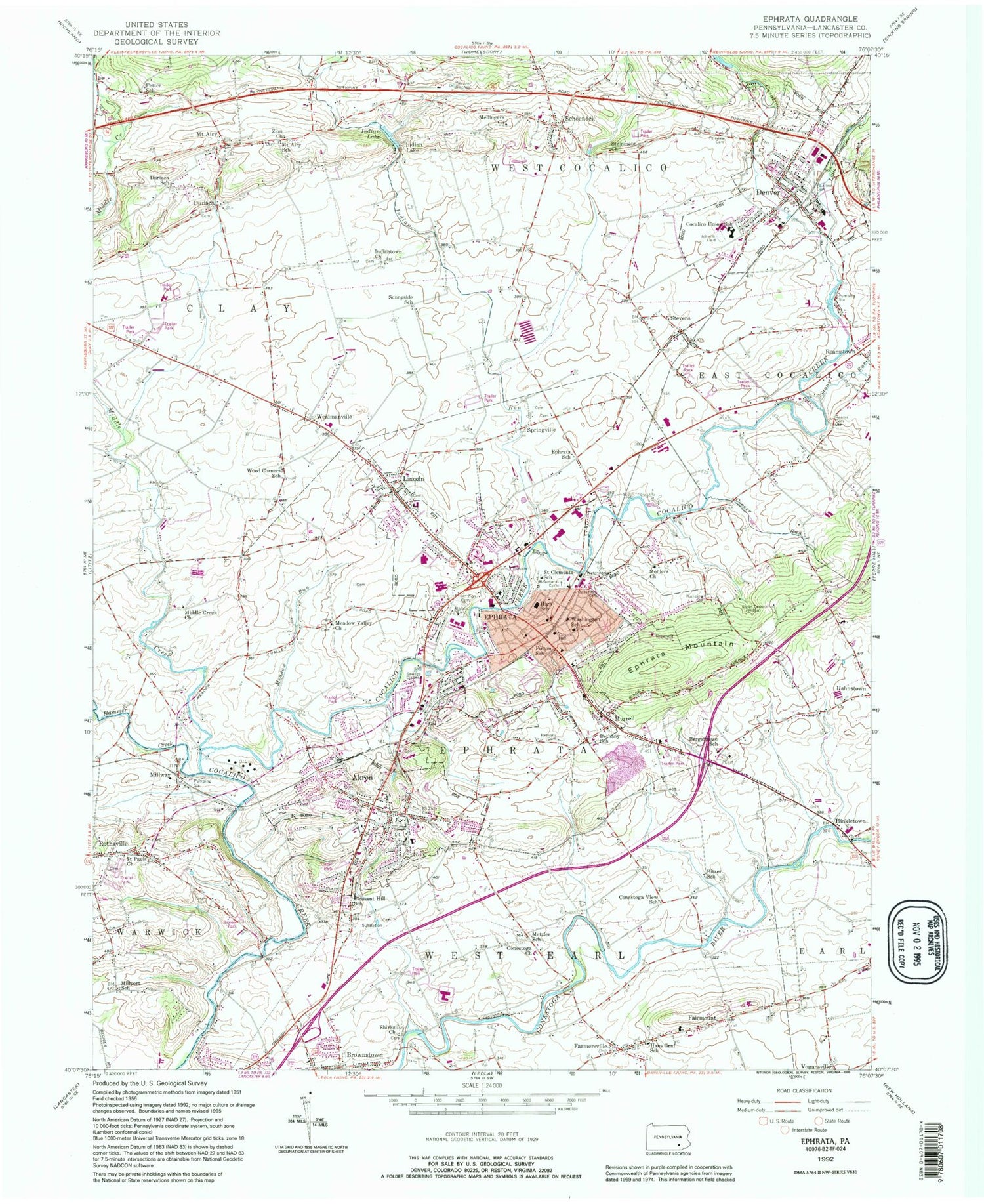 Classic USGS Ephrata Pennsylvania 7.5'x7.5' Topo Map Image