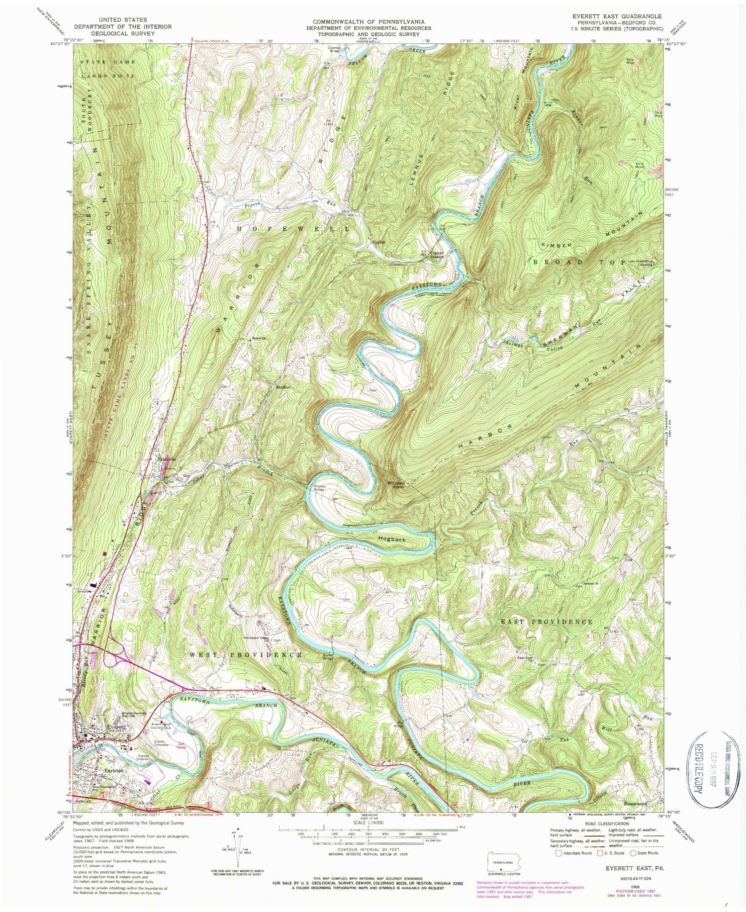 Classic USGS Everett East Pennsylvania 7.5'x7.5' Topo Map Image