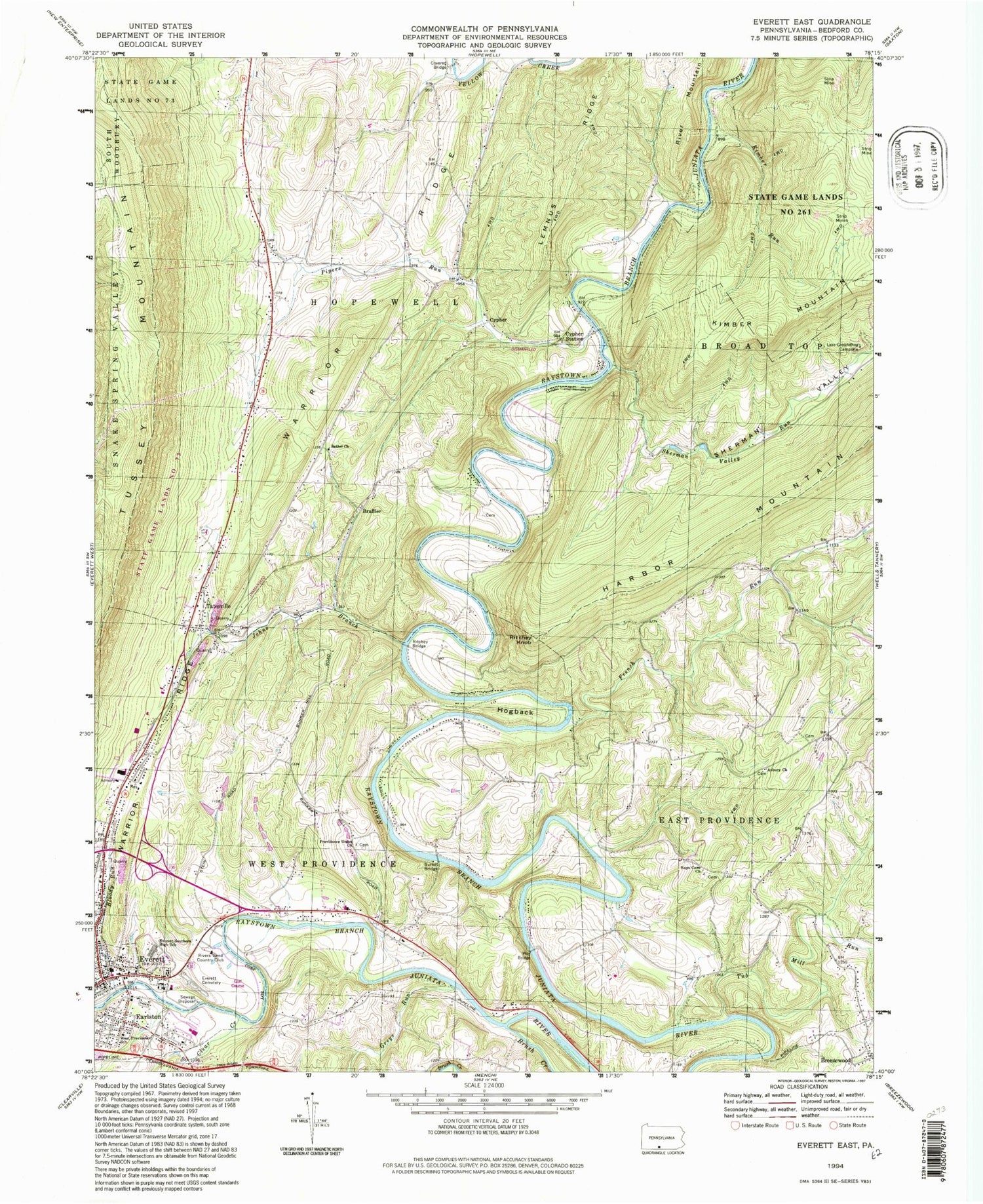 Classic USGS Everett East Pennsylvania 7.5'x7.5' Topo Map Image