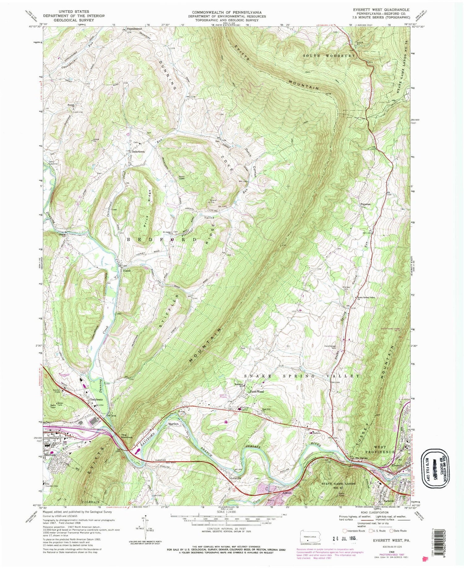 Classic USGS Everett West Pennsylvania 7.5'x7.5' Topo Map Image
