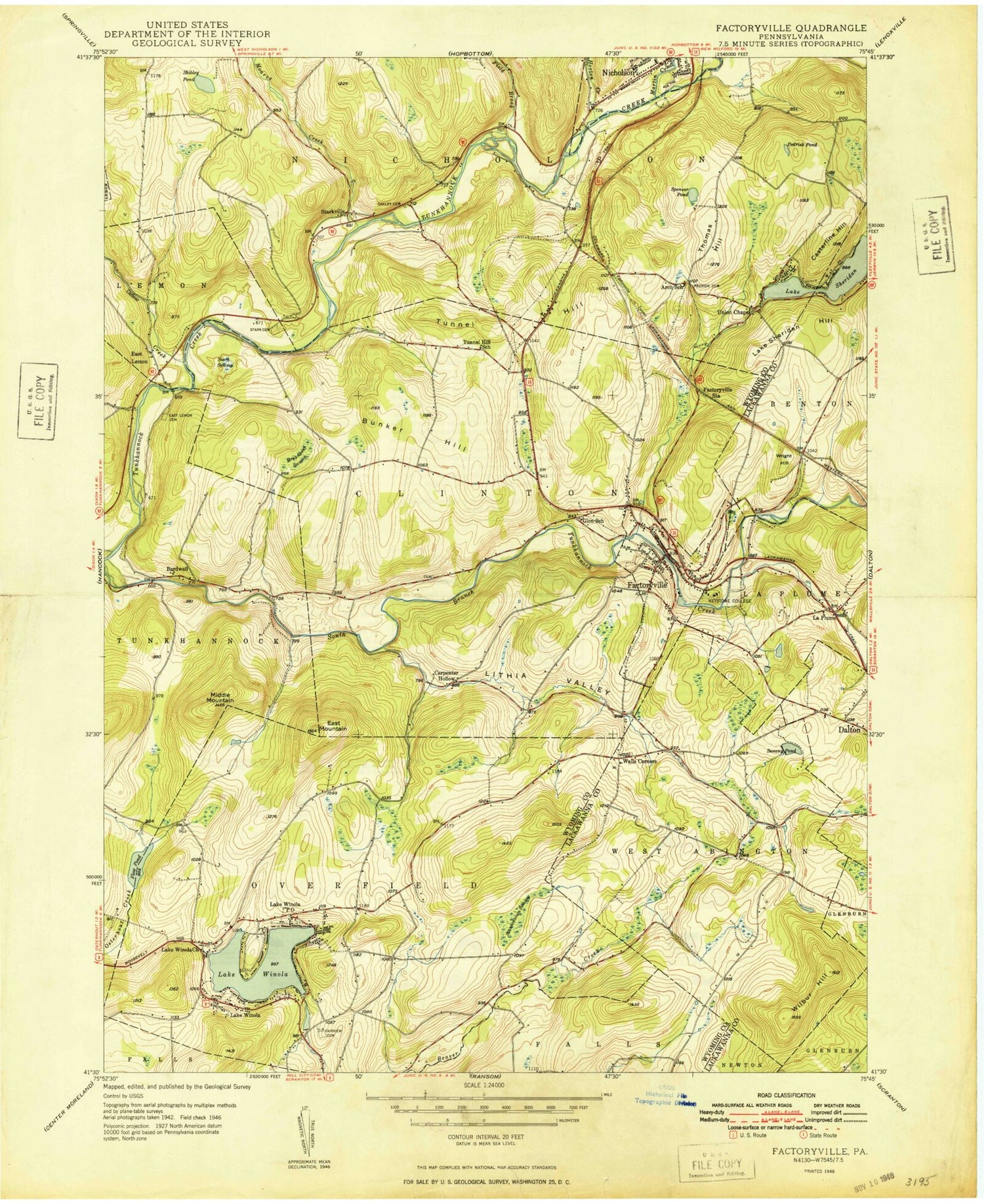Classic USGS Factoryville Pennsylvania 7.5'x7.5' Topo Map Image