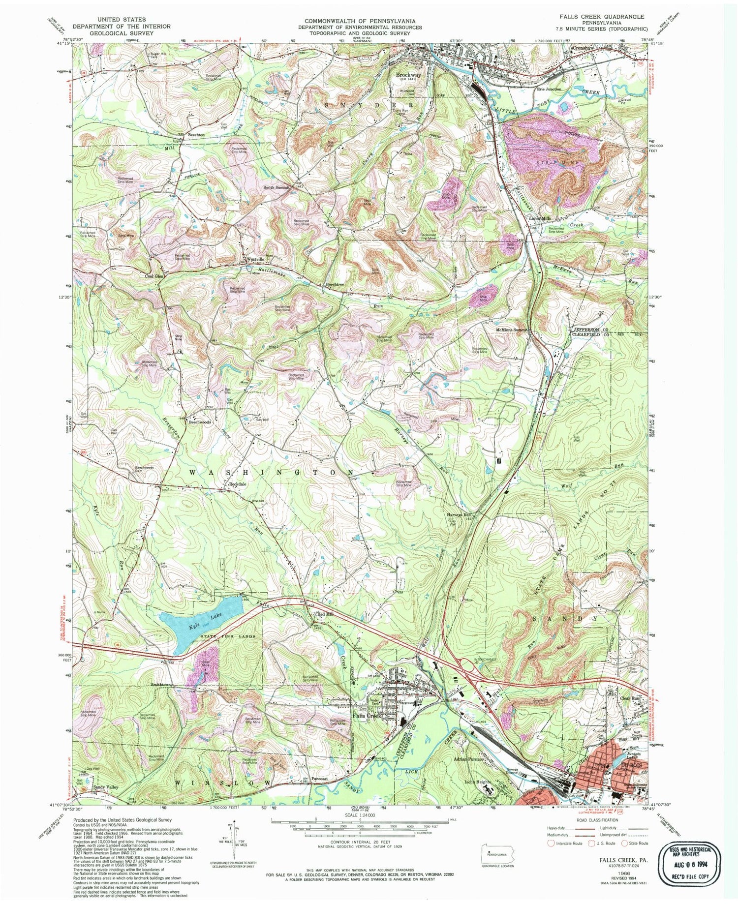 Classic USGS Falls Creek Pennsylvania 7.5'x7.5' Topo Map Image